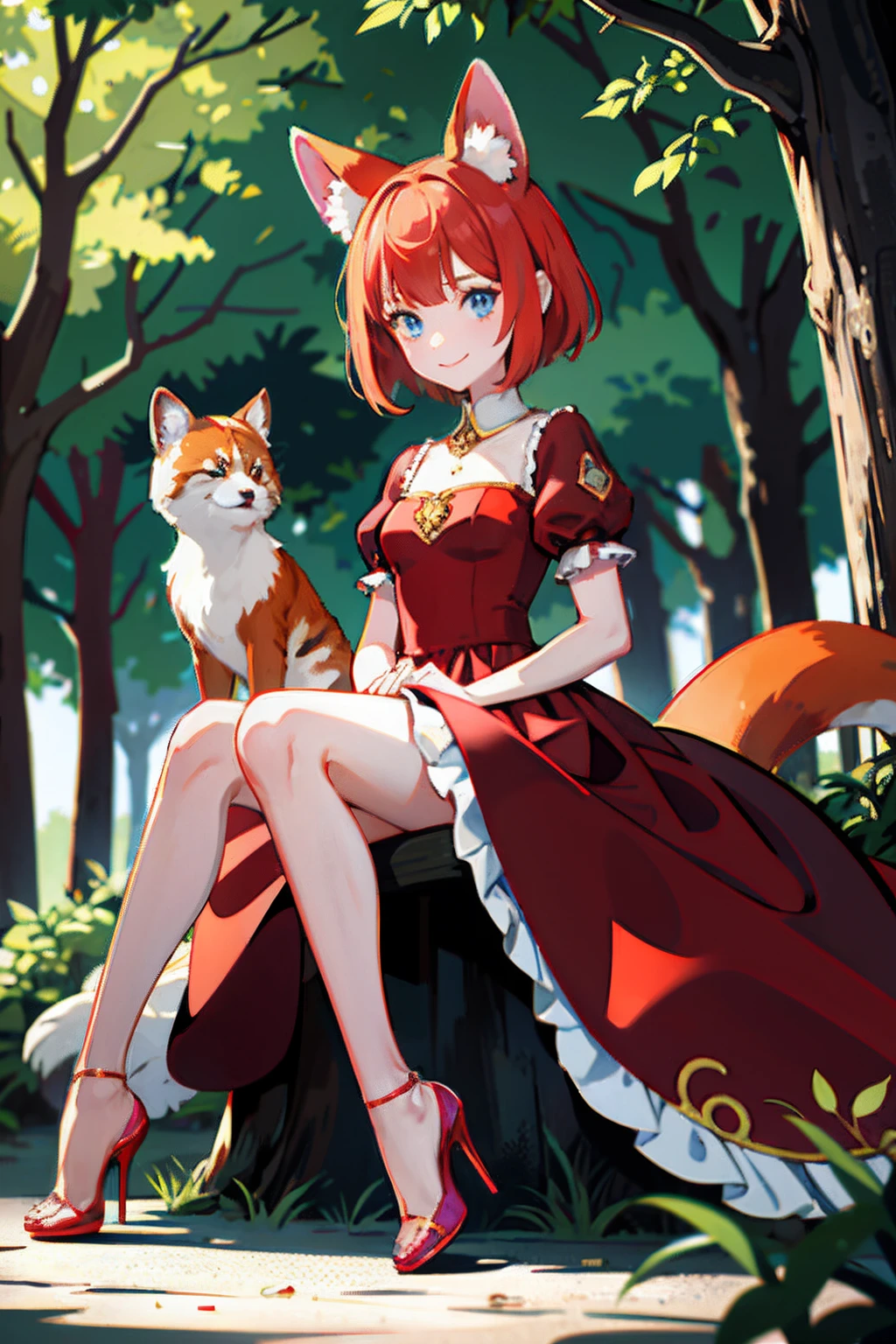 ((masterpiece,best quality)),1girl, red color shiny hair, elegant satin dress, fluffy ears, gold high heels, she is on a party, solo, animal ears, red panda ears, barefoot, knees up, dress, sitting, short sleeves, looking at viewer, grass, short hair, smile, puffy sleeves, outdoors, puffy short sleeves, bangs, on ground, full body, animal, sunlight, blue eyes, dappled sunlight, day, depth of field