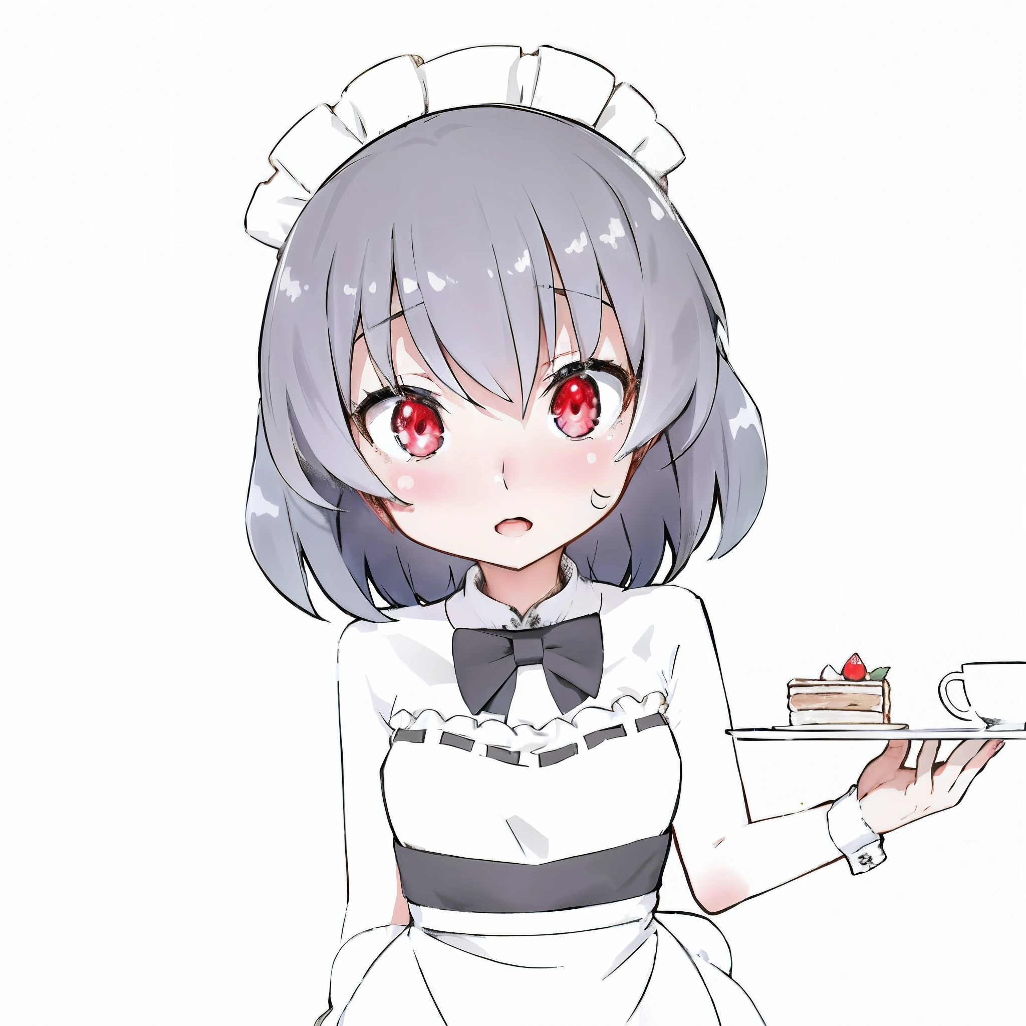 Anime girl holding a plate，There is a piece of cake on it, ( Waitress ) Girl, anime moe art style, small curvaceous loli, Yandere, Maid outfit, maid, gapmoe Yandere, anime girl in a maid costume, shirabii, Kantai collection style, Loli, shikamimi, Yandere. Tall, loli in dress --auto