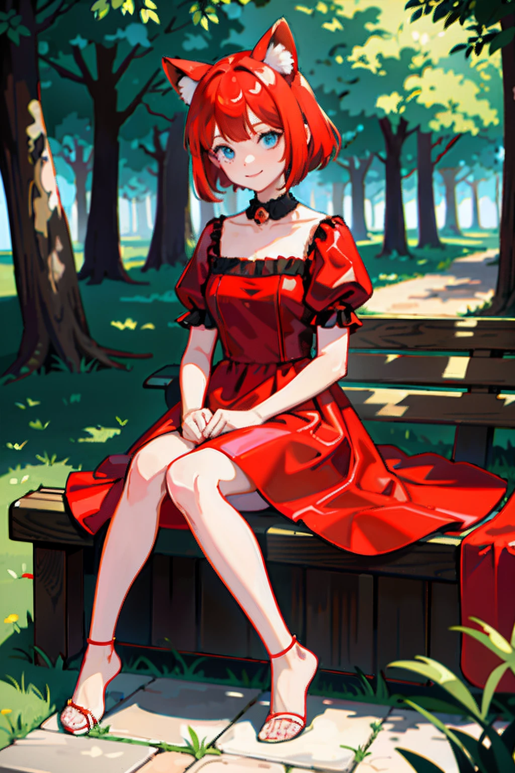 ((masterpiece,best quality)),1girl, red color shiny hair, elegant satin dress, fluffy ears, gold high heels, she is on a party, solo, animal ears, red panda ears, barefoot, knees up, dress, sitting, short sleeves, looking at viewer, grass, short hair, smile, puffy sleeves, outdoors, puffy short sleeves, bangs, on ground, full body, animal, sunlight, blue eyes, dappled sunlight, day, depth of field