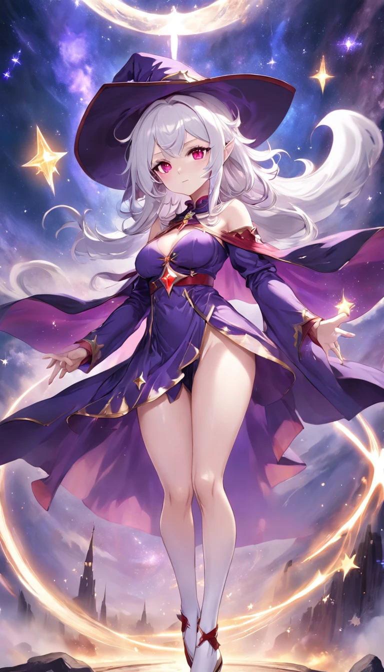 Wearing a purple jumpsuit、Anime girl with white pantyhose and high heels,Short purple cloak and stars, Beautiful celestial mage, White-haired and red-eyed mage, sky witch, female mage!, sorcerer magic witch, astral witch clothes, beautiful wizard, /!\ sorceress woman, female mage conjuring a spell, Mage, sorceress woman