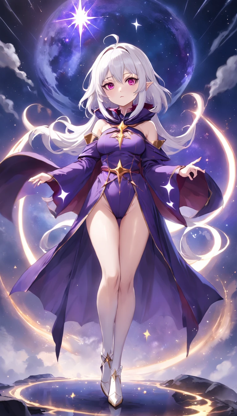 Wearing a purple jumpsuit、Anime girl with white pantyhose and high heels，Short purple cloak and stars, Beautiful celestial mage, White-haired and red-eyed mage, sky witch, female mage!, sorcerer magic witch, astral witch clothes, beautiful wizard, /!\ sorceress woman, female mage conjuring a spell, Mage, sorceress woman