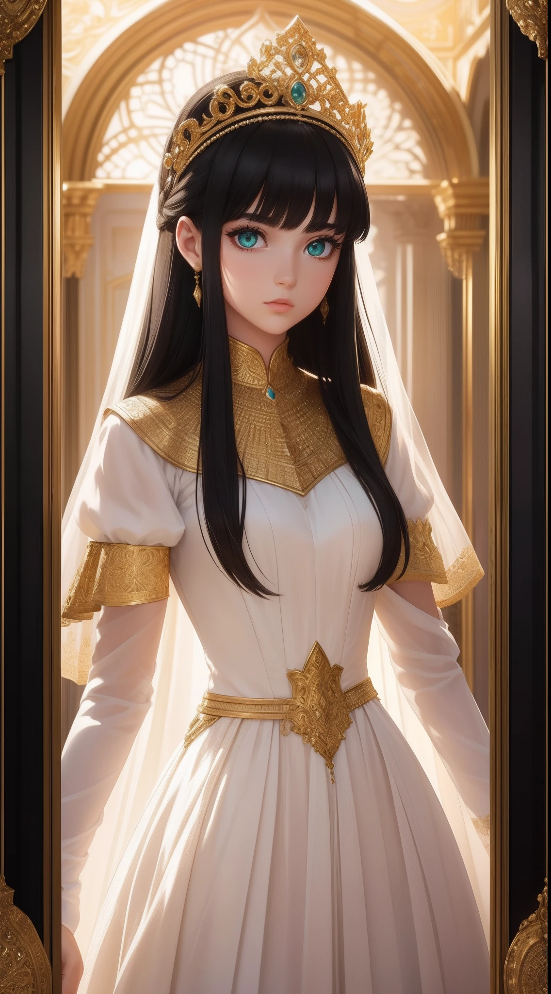 The silhouette of a beautiful princess is pried into a large gold cage. (Masterpiece), Realistic, (Portrait of a Caucasian girl),Very white skin, Beautiful face, Sunlight, Cinematic light, bangs, A beautiful woman, Beautiful eyes, Black hair,  Long hair, Perfect anatomy, Very cute, Princess Eyes , (Green eyes) , Red lips, (frame the head), centered image, Stylized, with light glowing, 8 life size,8K resolution, wonder full, elegant, nearing perfection, Dynamic, Highly detailed, character sheets, concept-art, smooth, Position directly facing the audience，Make their bodies symmetrical and balanced, stunningly beautiful teenage girl, Detailed hairstyle. Whitty dress. No tassels