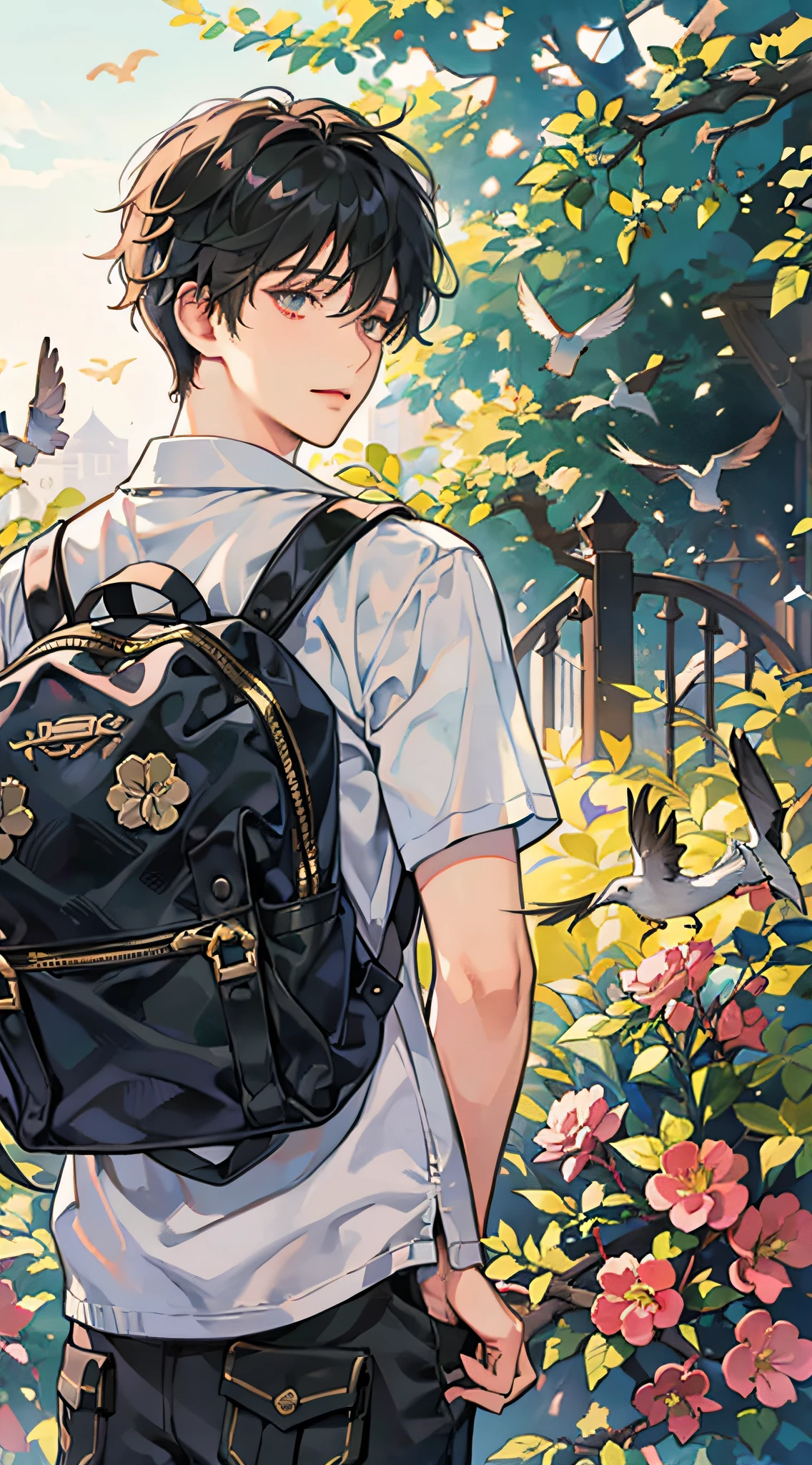 Masterpiece, Best quality, 1boy, Male focus, Handsome, residential area, fence, Spindle tree, Afternoon sun, The way home from school, school uniform, Backpack, Flock of Birds, From the immediate side, Depth of field , looking to the camera