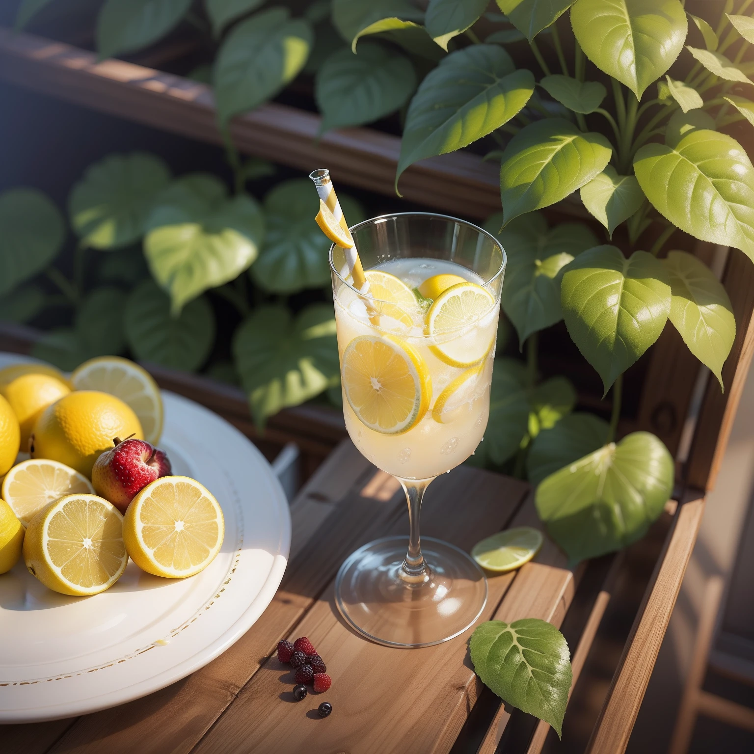 ah high, misted glass of lemonade, standing on a tray surrounded by various fruits.