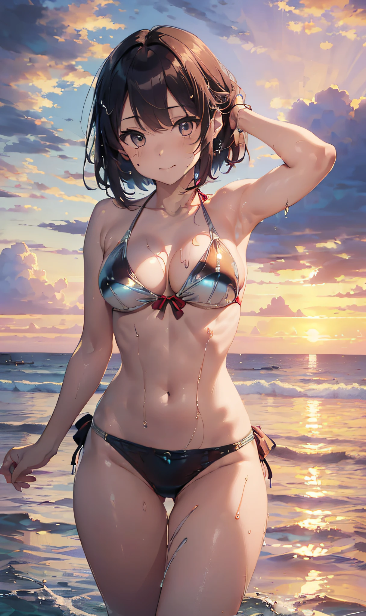 (Master masterpiece、The ultra -The high-definition、extremely fine and beautiful、Ultra-high power of 8 kilometers:2)、(Girl getting wet:1.4)、(looking at another:2)、(Clarity Metallic Deep Red Bikini:2)、(Transparent skin:1.6)、(short tail hair:1.8)、(Beautiful eyes:1.8)、、(Nominal body type)、(Glamorous:1.4)、(musculature:1.4)、(Thin thighs:1.6)、(Thin leg:1.6)、(A smile)、perfectly proportions,Correct anatomy、Good anatomy、(Sunset clouds:1.6)、(Dynamic Angle:1.6)、(sexypose:1.8)、(early evening:1.4)、(Evening sea:1.6)