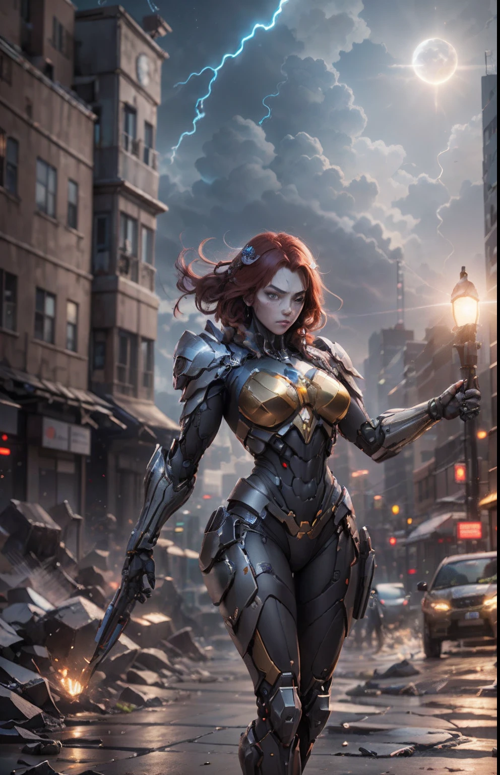 (Best Quality)), ((Masterpiece)), (Very Detailed: 1.3), 3D, Beautiful cyberpunk woman, wonder woman cosplay, red armor, golden yellow, sci-fi technology, HDR (High Dynamic Range), ray tracing, nvidia RTX, super resolution, unreal 5, subsurface scattering, PBR texture, postprocessing, anisotropic filtering, depth of field, maximum sharpness and sharpness, multilayer texture, specular and albedo mapping, surface shading, simulation accurate light-material interactions, perfect proportions, octane rendering, duotone lighting, low ISO, white balance, rule of thirds, wide aperture, 8K RAW, high efficiency subpixels, subpixel convolution, luminous particles, light scattering, Tyndall effect, very sexy in a bikini, full body, battle pose, red hair with braids, lightning in the night sky, full moon,