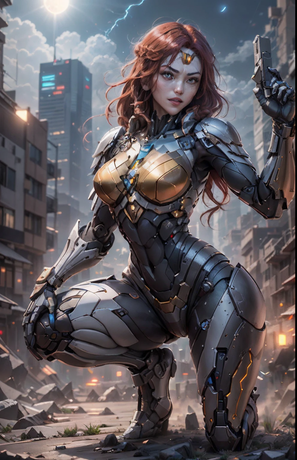 (Best Quality)), ((Masterpiece)), (Very Detailed: 1.3), 3D, Beautiful cyberpunk woman, wonder woman cosplay, red armor, golden yellow, sci-fi technology, HDR (High Dynamic Range), ray tracing, nvidia RTX, super resolution, unreal 5, subsurface scattering, PBR texture, postprocessing, anisotropic filtering, depth of field, maximum sharpness and sharpness, multilayer texture, specular and albedo mapping, surface shading, simulation accurate light-material interactions, perfect proportions, octane rendering, duotone lighting, low ISO, white balance, rule of thirds, wide aperture, 8K RAW, high efficiency subpixels, subpixel convolution, luminous particles, light scattering, Tyndall effect, very sexy in a bikini, full body, battle pose, red hair with braids, lightning in the night sky, full moon,