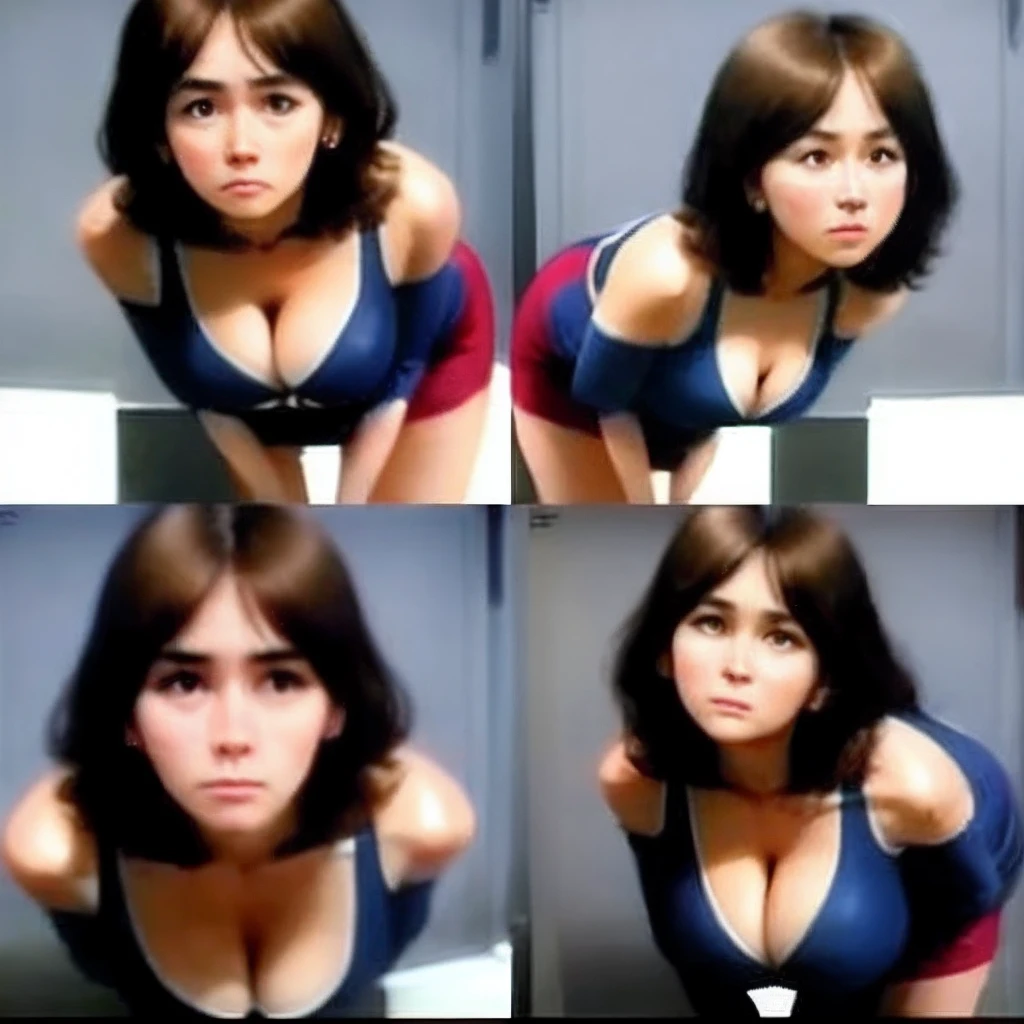 bend over, Lateral face, huge tit, is shy, cropped shoulders