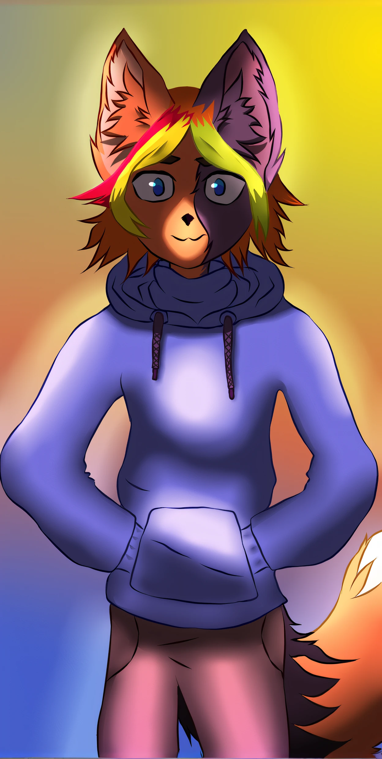 There is a drawing of a cat in a hoodie, wearing a hoodie, furry fursona, Furson's long-haired humanoid, ((Sunset)), generic furry style, Fursona in stylish clothes, an anthro fox, fursona!!!!, full body close-up shot, furry character, Fluffy furaffinity, fursona art, half body portrait