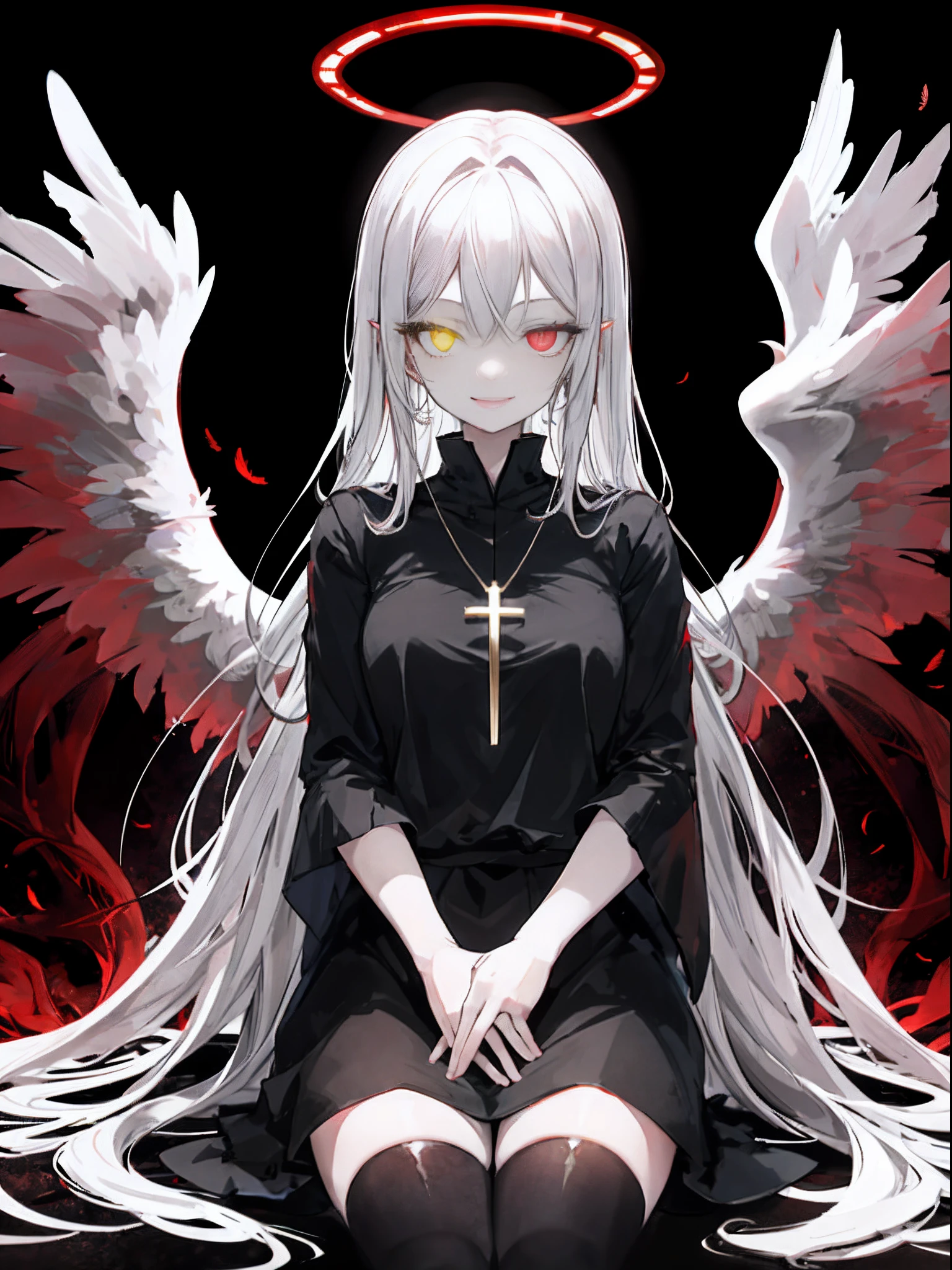 1girl in, (Scary), Holy Angel, Gorgios, on the lap, (red halo), Dark, Glowing eyes, Heterochromia eye, Angel wings, glowing pendant, holy, Sensual milf, black tunic, Feathers, which are full of confidence, Smile, Expressive eyes, collofull eyes, Contrasty, shadowy, masutepiece, Digital Art, Glowing eyes, Intimidating, corrupted, Demonic