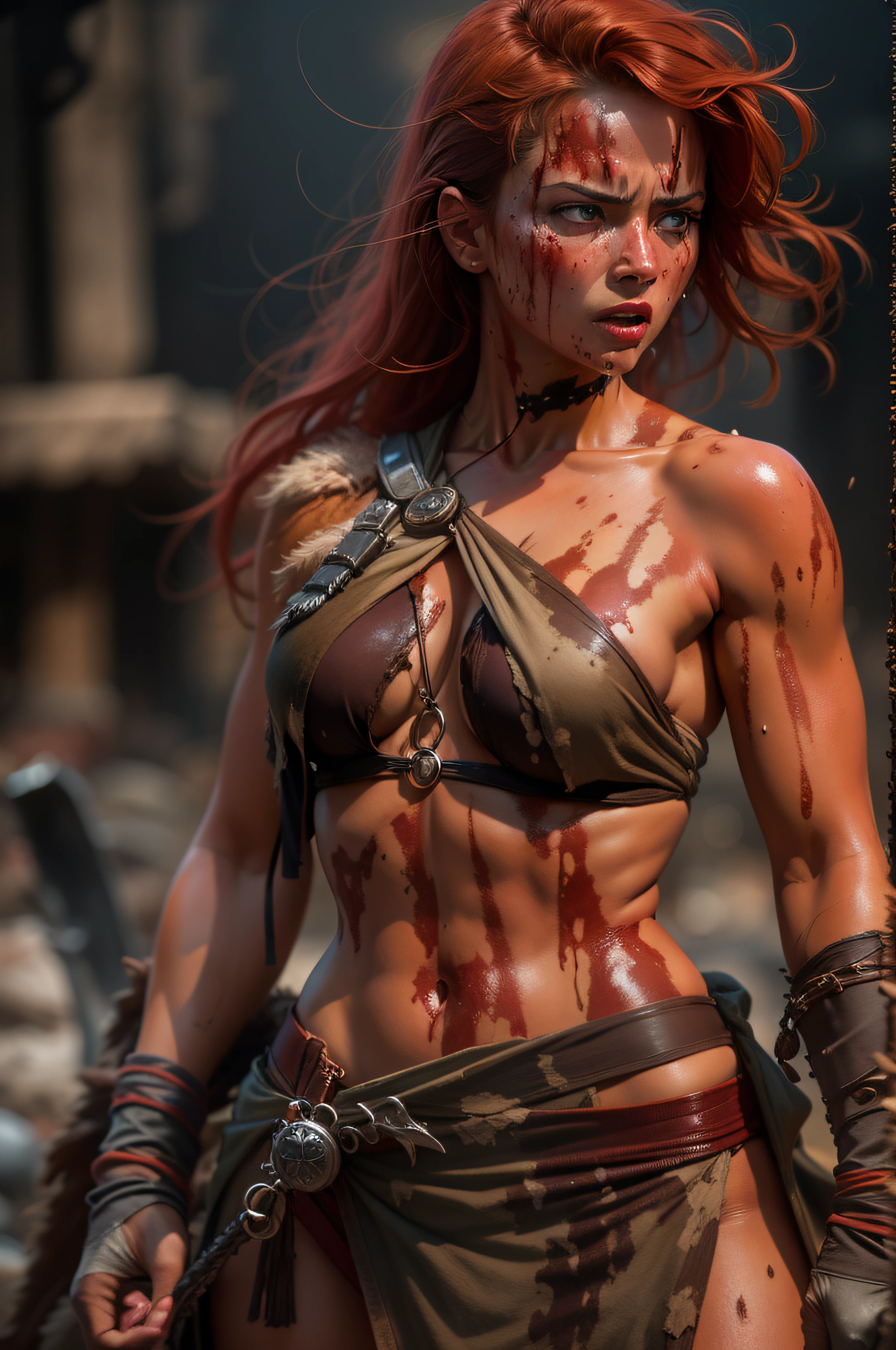 A naked tanned red-haired woman warrior with dark brown, her skin is dripping with sweat and is dirty, filthy, and with large bloodstains, She has a deep bite wound on her left shoulder, dressed only in an animal skin loincloth, and an energy sword attacked by a tyrannosaurus. very dramatic, cinematic shot, shot from a movie, cinema composition shot, very detailed, high resolution, professional color, wonderful light, daylight, 300k resolution, highly realistic, lots of details.