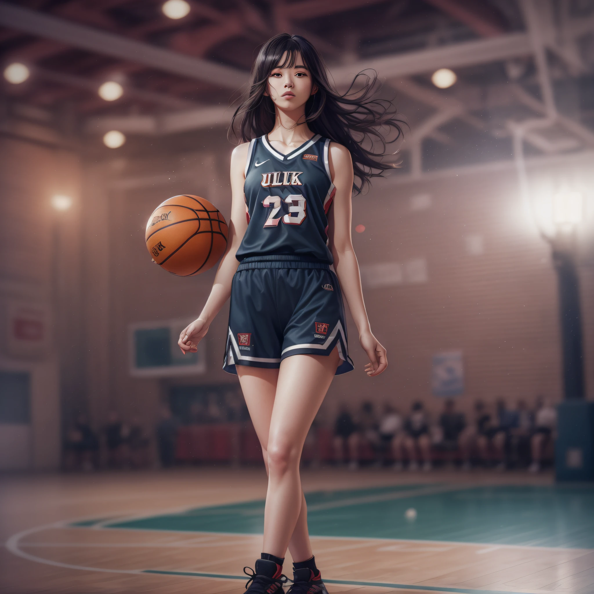 (8K, Best Quality, masutepiece: 1.2), nabel, (Realistic, Photorealistic: 1.37), Ultra-detailed, Best Quality, 超A high resolution, Professional Lighting, Photon mapping, Radio City, Physically Based Rendering, Cinematic lighting, Basketball court, depth of fields, Sharp Focus, sun beam, Good composition, (Bokeh: 1.2) 1 girl, Solo, (Full body), (Closed mouth), Beautiful detailed eyes, Pose, Narrow waist, Basketball Uniform, Black hair, hair messy, long hair floating in the wind, (ulzzang-6500:1.2) mix4, hiqcgbody