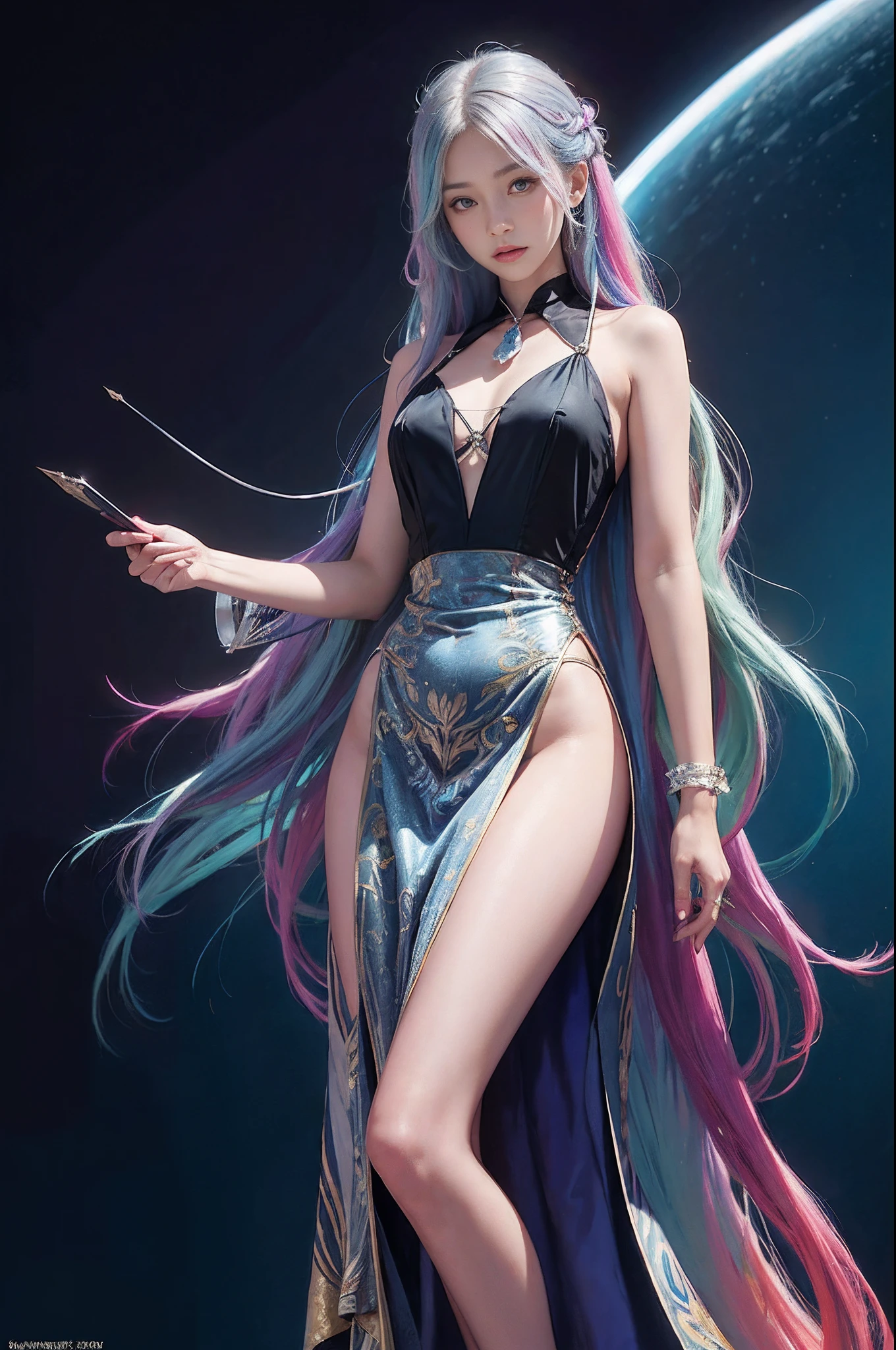 Surrealist portraits of women by David Hockney and Alphonse Mucha,Fantasyart,photographrealistic,rainbow hair color,动态照明,art stations,poster for,Volumetriclighting,Very detailed faces,4 k'',Award-Awarded,,1girll,in the darkness nigth,deep shading,low tune,Cowboy photos,(formal outfit:1.4),long whitr hair,whaite hair,