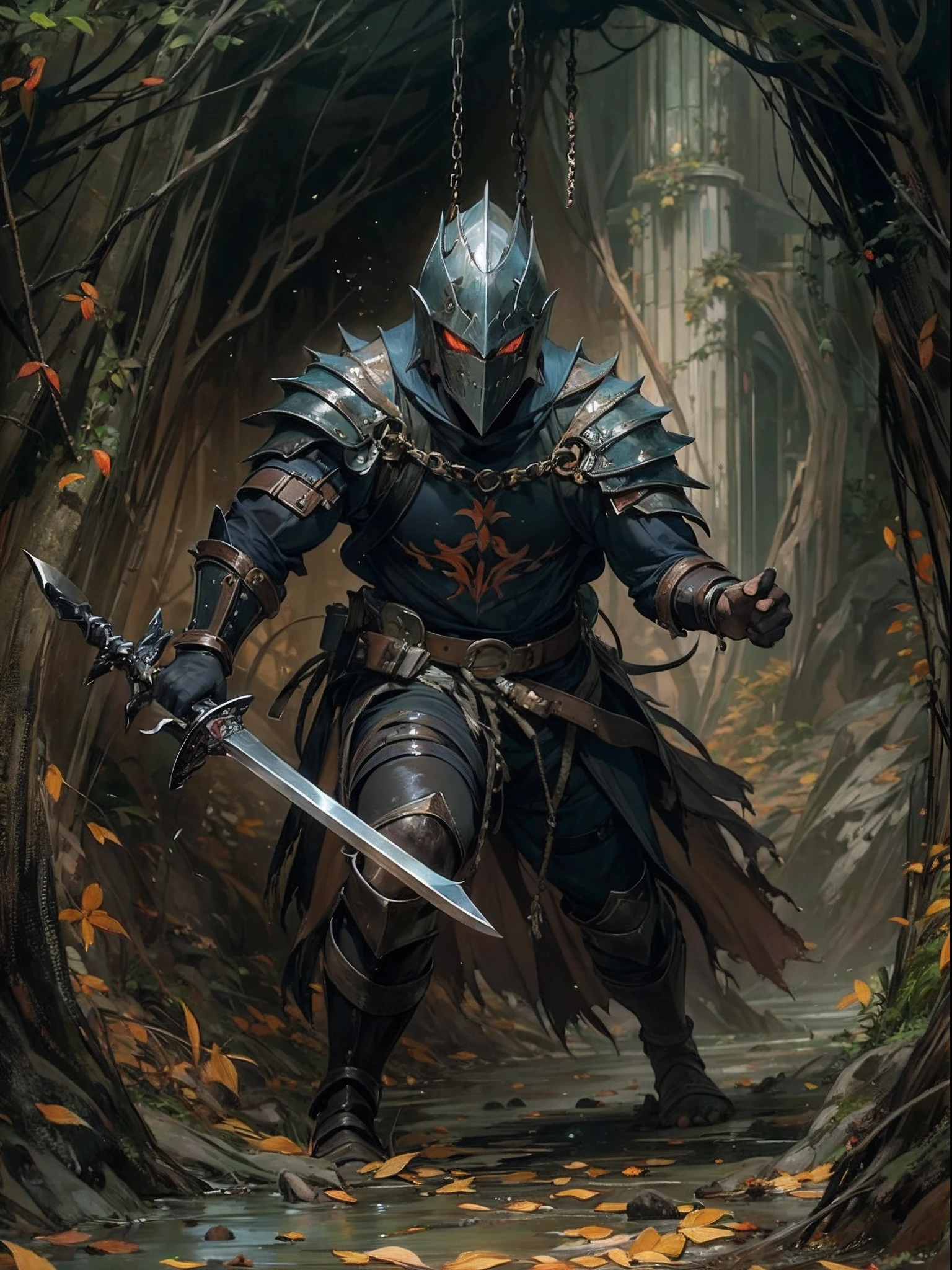 masterpiece oil painting of a dark and ominous character named Knight Rich, depicted with a thickly textured and weathered skin. The painting should showcase Knight Rich in tattered clothing within a cave, exuding a fantasy-like atmosphere. (They run and attack). Swinging their swords,  The brushstrokes should be strong and powerful, reflecting the skill of a master artist.