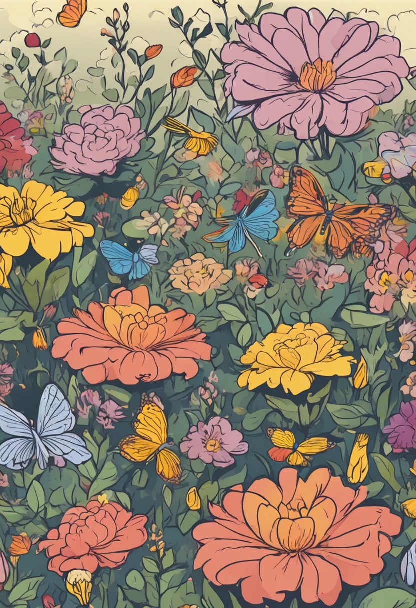 Create an animation of a cute, fuzzy-faced little bee for a children's book illustration, with its furry body and delicate wings, flying with an angry countenance in a garden full of multicolored flowers. with blue, red, yellow and white flowers and a beautiful lilac rose.