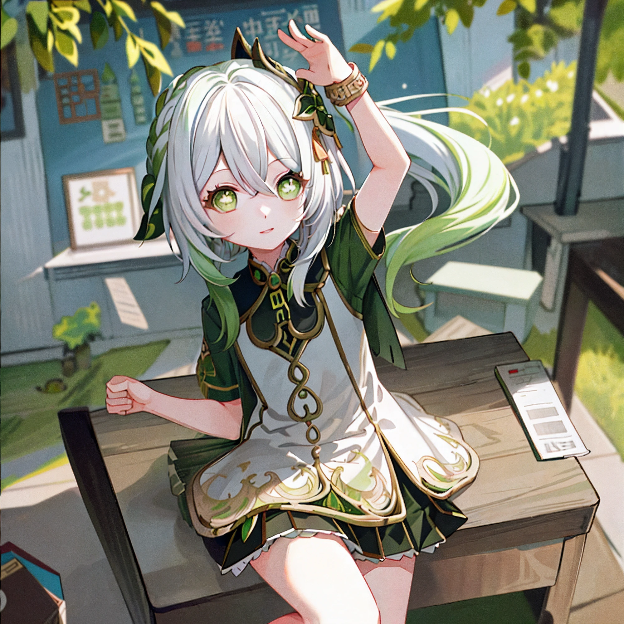 tmasterpiece,best qualityer,1girll,Solo,Nahida_Genshin,Chinese students,((Chinese school uniform)),Green eyes,More details about the eyes,((bookbag)),Female Student,Hair is whiter,Green hair,(Have a pencil at hand)
