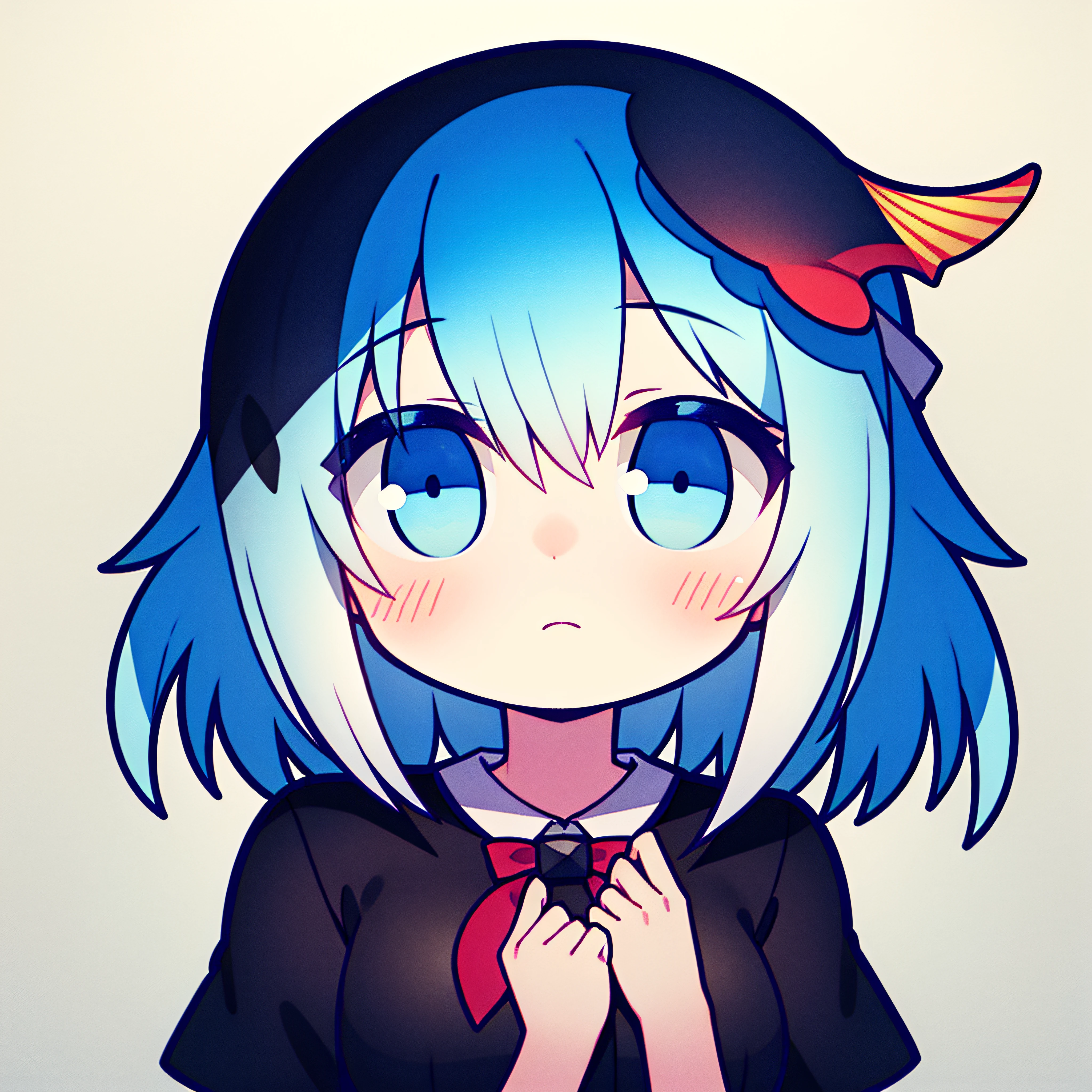 fish on the head, solo, 1 girl, looking at viewer, upright, concept art, white background, simple background, white hair, gradient hair, short sleeves, watercolor pencil, expressionless, blush, virtual youtuber