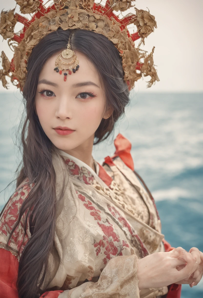Beautuful Women,二重まぶた,largeeyes,prette,blue colors,the ocean,Skysky,water ink,brush painting,ancient wind,ancientry,ink and watercolor painting,ink,Colorful,auspicious sign,blond hairbl,period costume