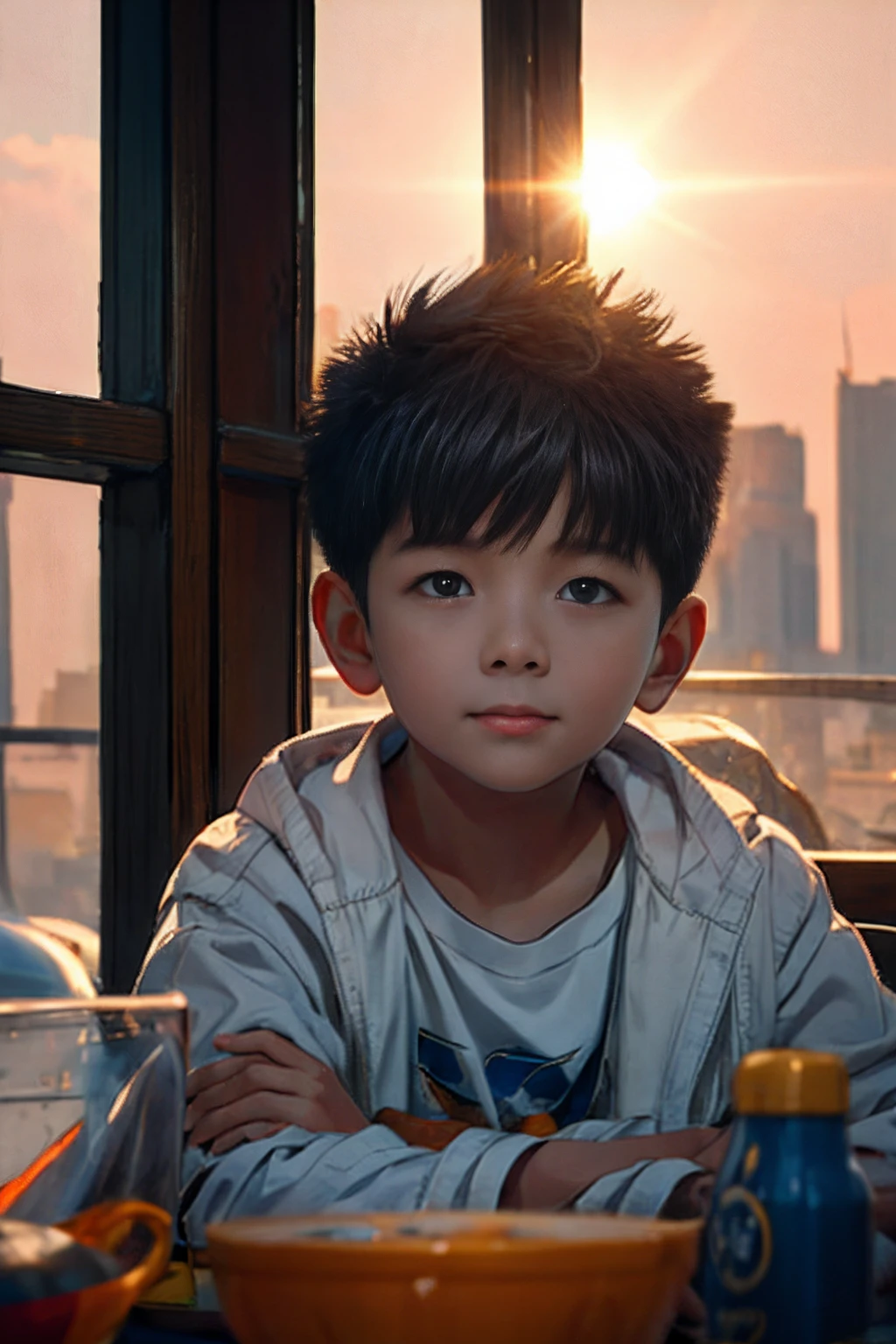 tmasterpiece，best qualityer，cinematic Film still from，1 Boy Central，natta，starrysky，Cloud Boy，floating into the sky，Close-up，brightly，cheerfulness，Soft lighting and warmth，Sun sunset，spark of light