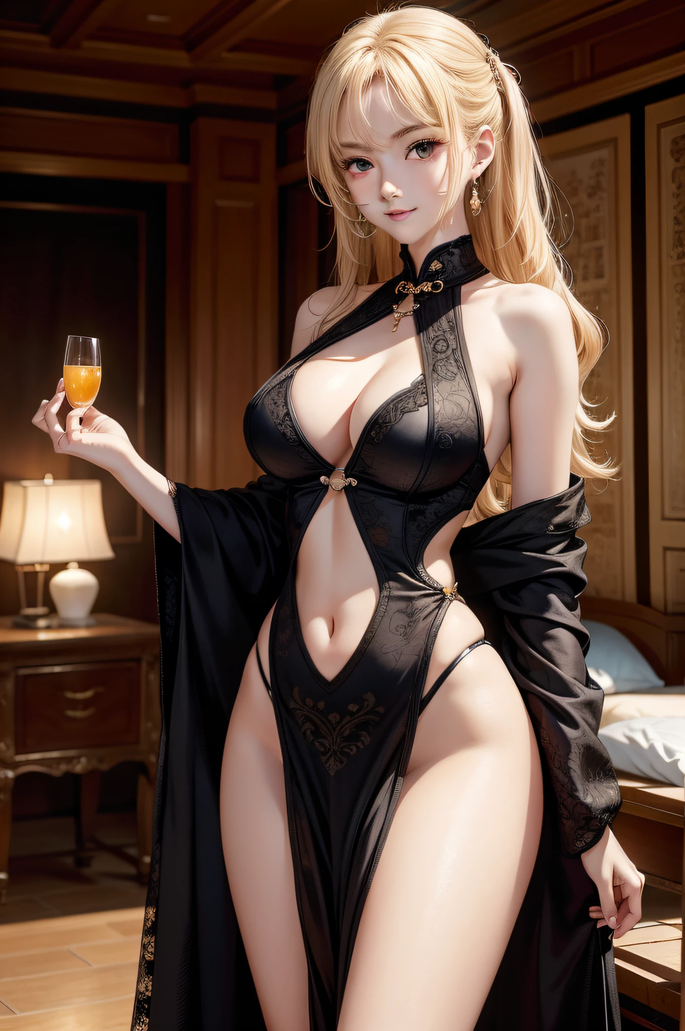 Girl with curly blonde hair,18year old,large full breasts,cleavage of the breast,teats,Wearing a black cheongsam,Sheer clothes,Pichi Pichi clothes,A smile,a navel,thighs thighs thighs thighs,being thin,A slender,Shoulder,lower back,The skin is sheer,The chest is visible,The navel is visible,(Exquisite illustrations:1.4),(tmasterpiece:1.0), (best qualtiy:1.4), (超A high resolution:1.2), (realisticlying:1.4), (8K, RAW Photos:1.2), (softfocus:1.4), (Sharp Focus:1.4), Beautiful face with details