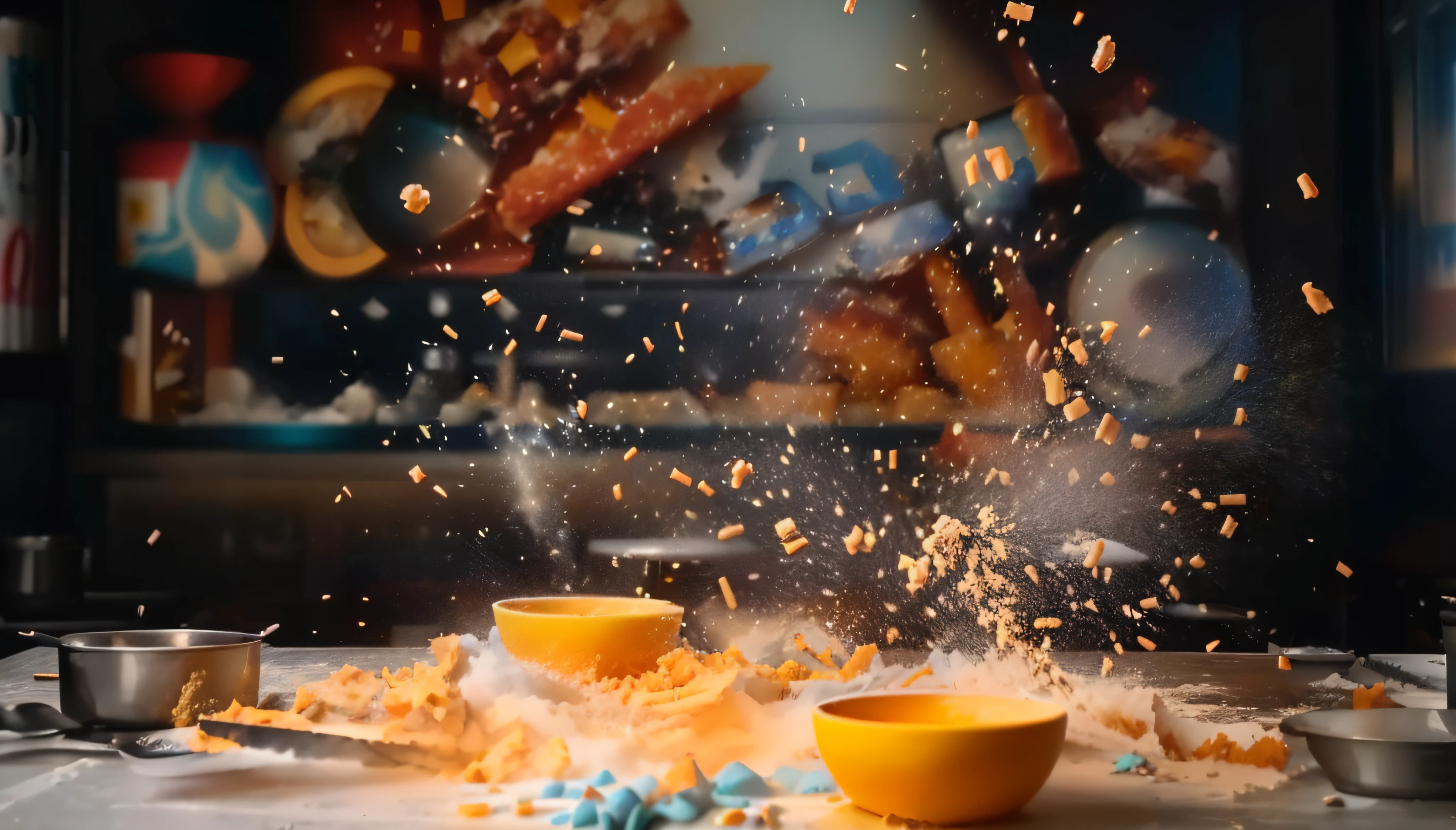 There was a bowl of food sprinkled with powder, food commercial 4 k, Slow - Mo high-speed photography, food photography 4 k, food particles, ultra high speed photography, culinary art photography, 4K food photography, 4 k food photography, Super slow motion, Amazing food photography, 4k polymer clay food photography, Food photography, award winning food photography