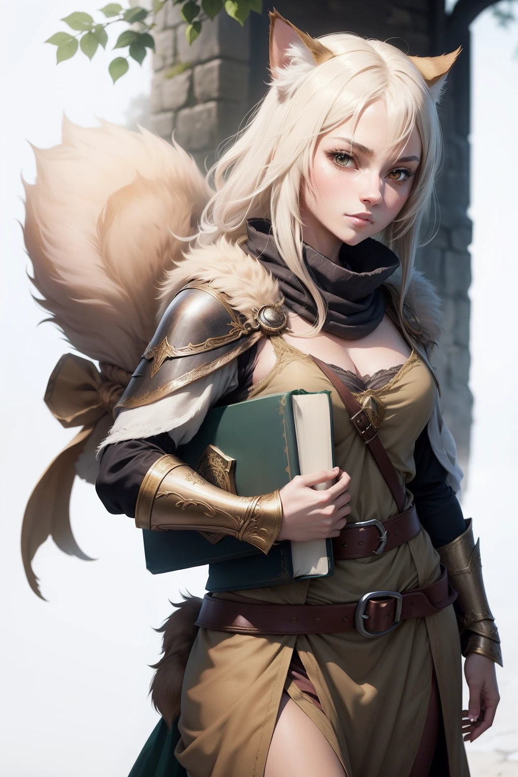 anime medieval fantasy. human like cat with fur skin. fur. furry skin. khajiit. carrying books. female. cute. front view. no background. plain background.