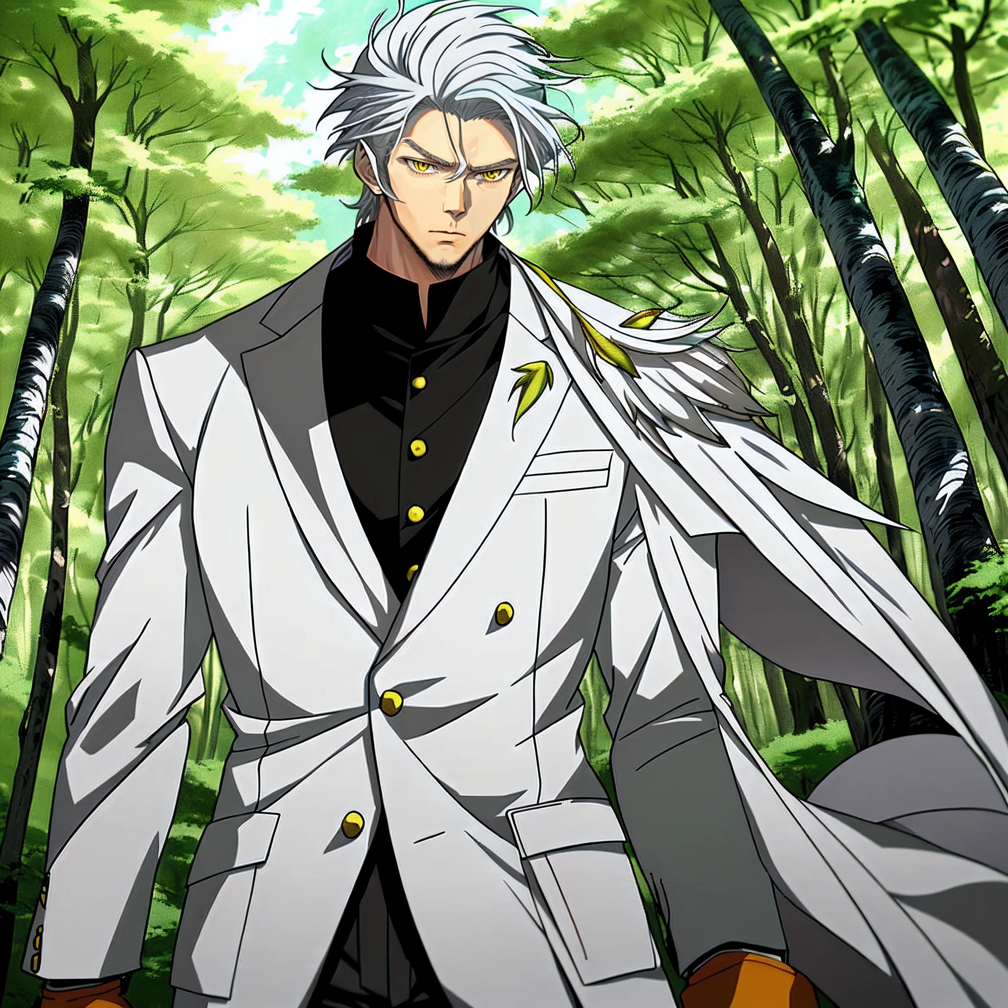 Anime characters with white hair and yellow eyes standing in the green woods,White clothes，Anime portrait of a handsome man, Tall anime man with yellow eyes, Anime handsome man, a silver haired mad, White color hair, handsome guy in demon killer art, offcial art