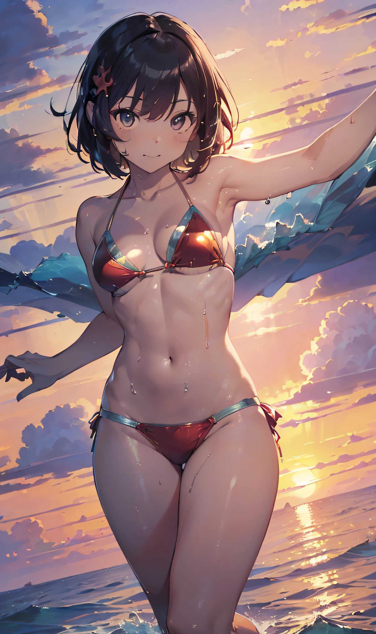 (Master masterpiece、The ultra -The high-definition、extremely fine and beautiful、Ultra-high power of 8 kilometers:2)、(Girl getting wet:1.4)、(looking at another:2)、(Clarity Metallic Deep Red Bikini:2)、(Transparent skin:1.6)、(short tail hair:1.8)、(Beautiful eyes:1.8)、、(Nominal body type)、(Glamorous:1.4)、(musculature:1.4)、(Thin thighs:1.6）、(Thin leg:1.6)、(A smile)、perfectly proportions，Correct ???????、Good anatomy、(Sunset clouds:1.6)、(Dynamic Angle:1.6)、(sexypose:1.8)、（early evening:1.4）、(Evening sea:1.6)