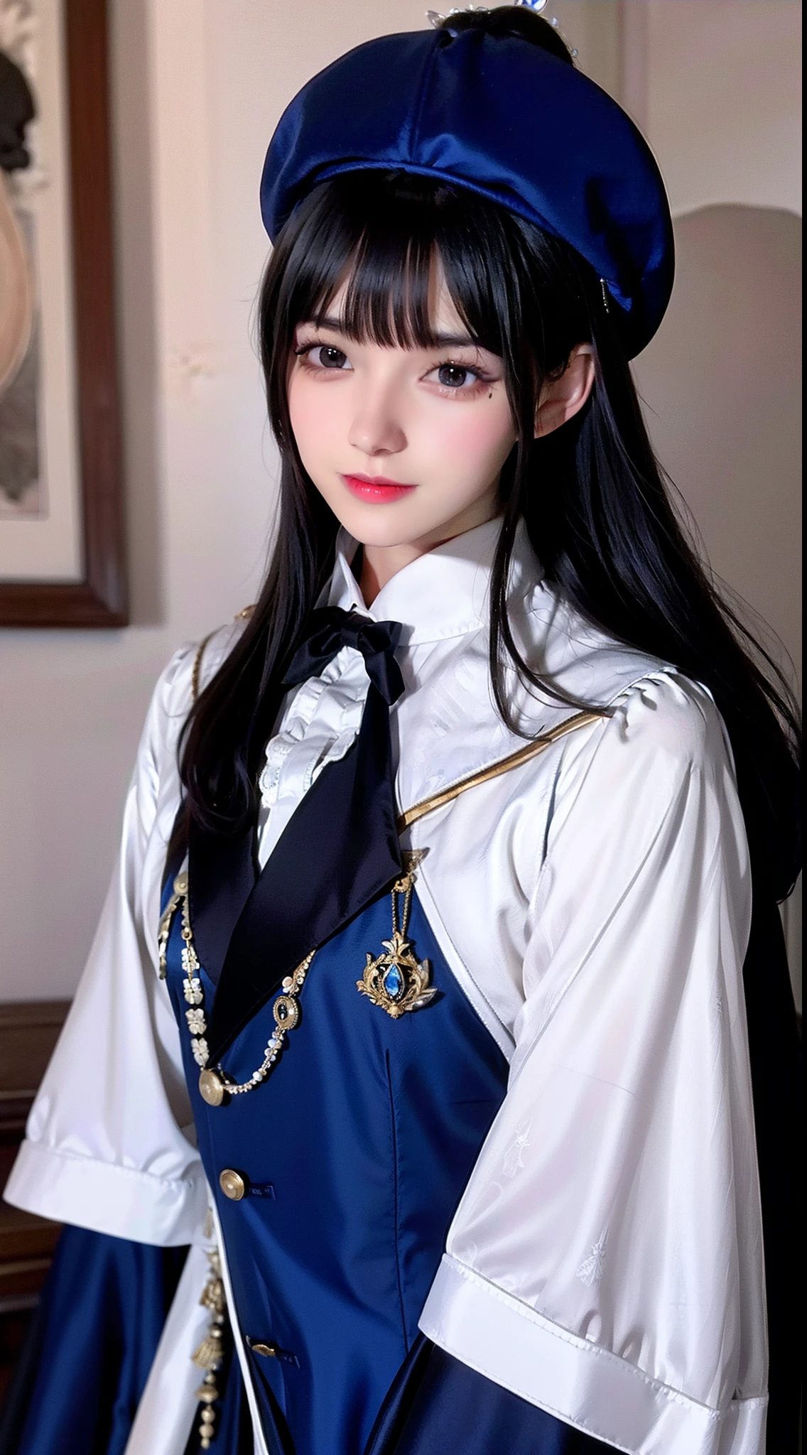 Rich man with black hair, Blue royal hat and royal costume