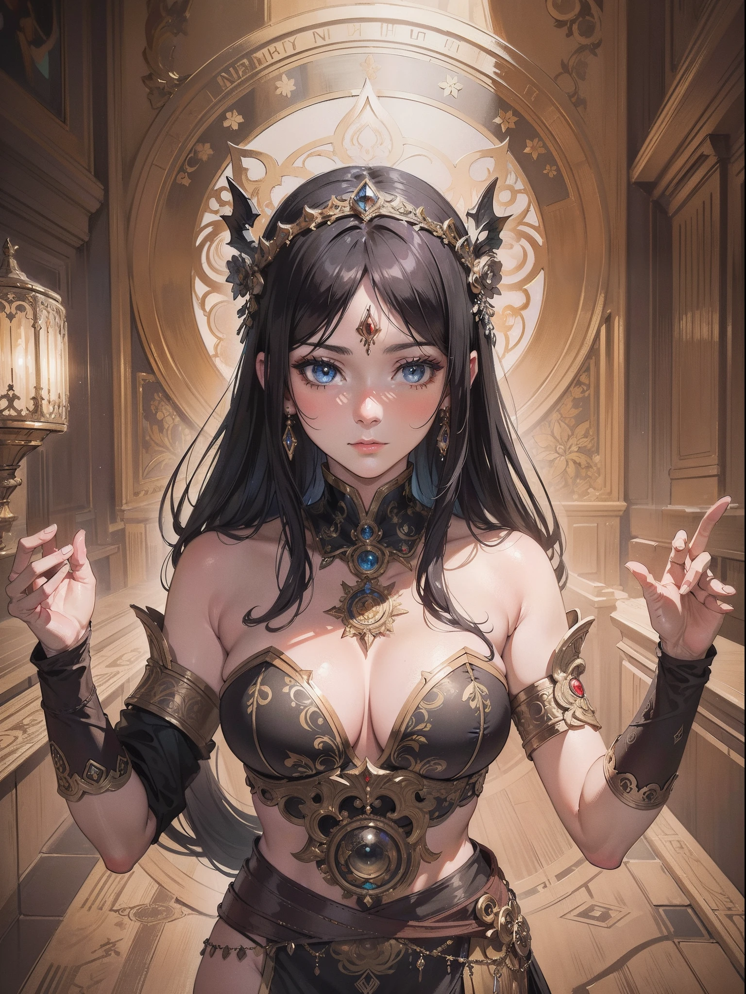 {{Photorealistic}}, Waist high portrait of a beautiful Scandinavian goddess，Her name is Ava, Perfect detailed face, detailed symmetric hazel eyes with circular iris, Realistic, stunning realistic photograph, a 3D render, rendering by octane, intricately details, Cinematic, trending on artstationh, isometry, Centered hipereallistic cover photo, Awesome full color, handpainted, Dark, grittiness, Mucha, Klimt, erte 12k, High definition, Cinematic, neoprene, behance contest winner, portrait featured on unsplash, Stylized digital art, smooth, hyper HD, 8K, Unreal Engine 5, super sharp focus, masterpiece of intricate artwork, Ominous, Epic, TanvirTamim, trending on artstationh, By Artgerm, h. r. Giger and Beksinski, Highly detailed, vibrant, {in the style of artgerm}