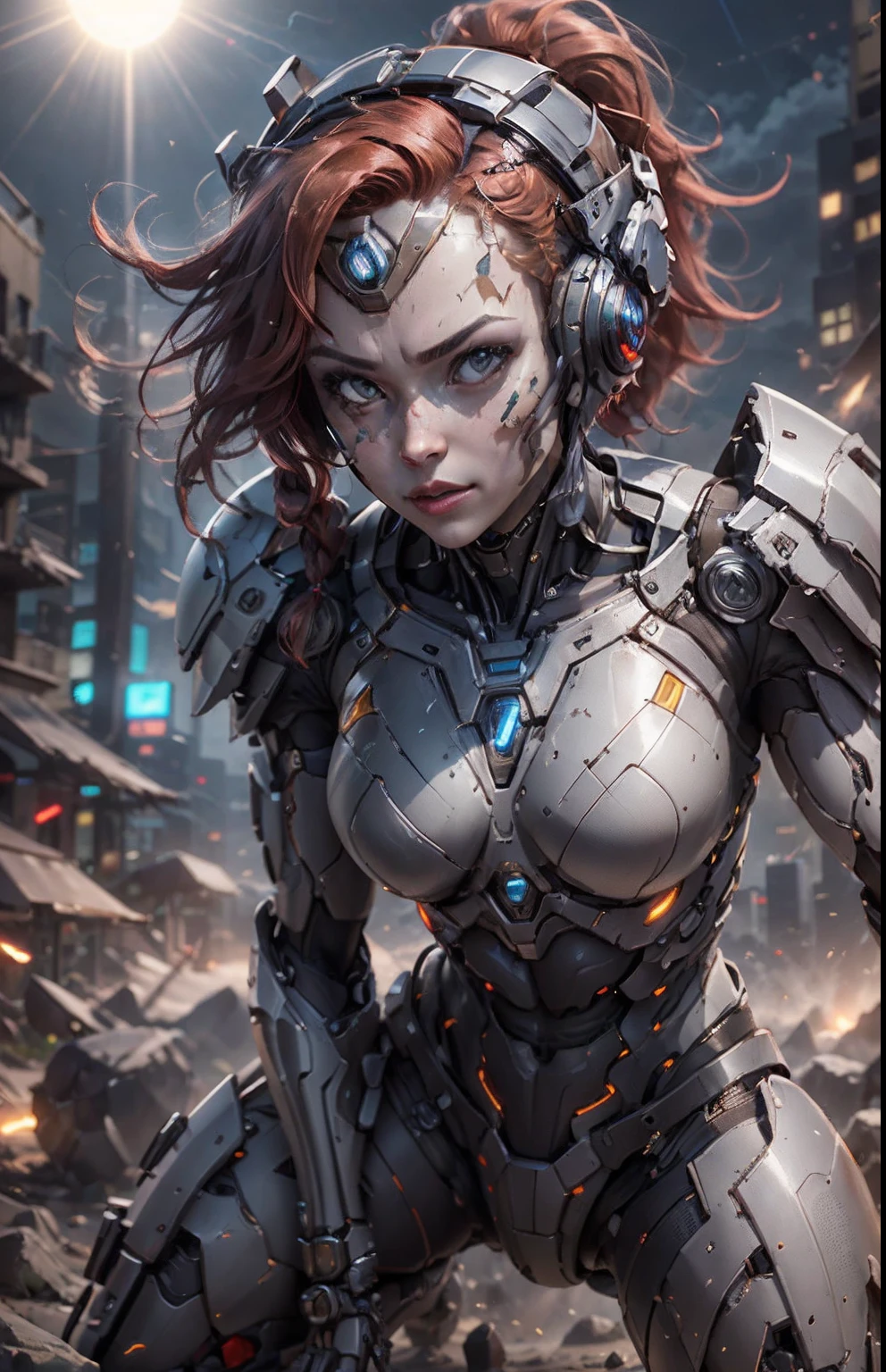 (Best Quality)), ((Masterpiece)), (Very Detailed: 1.3), 3D, Beautiful cyberpunk woman, batman cosplay, sci-fi technology, HDR (High Dynamic Range), ray tracing, nvidia RTX, super resolution, unreal 5, subsurface scattering, PBR texture, post-processing, anisotropic filtering, depth of field, maximum sharpness and sharpness, multi-layer texture, specular and albedo mapping, surface shading, accurate simulation of light-material interactions, perfect proportions, octane rendering, duotone lighting, low ISO, white balance, rule of thirds, wide aperture, 8K RAW, high efficiency subpixels, subpixel convolution, light particles, light scattering, Tyndall effect, very sexy bikini, full body, battle pose, red hair with braids, bats in the sky notuno, full moon,