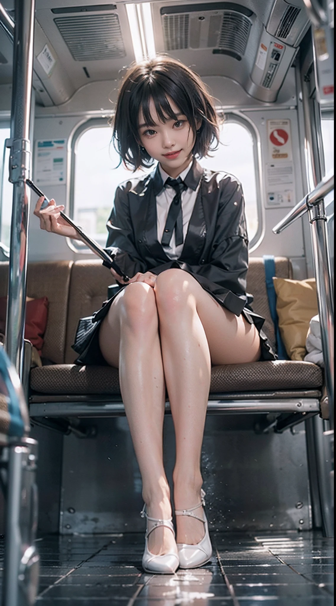 NSFW, 1girl in, Smiling smile, The costume is sheer, de pele branca, slender, Dark hair, short-hair, beauty legs, Small buttocks, Wet, On the Japan train, Sit in the seat, ((Wear clothes on the upper body)), ((Sit in front of the camera)), ((The skirt is definitely worn)), (((Sit with your knees wide open to the left and right))), (((Sit with your thighs open))), Pale colored panties, panties focus, ((Show panties to the camera)), surrealism, Cinematic lighting, depth of fields, One-person viewpoint, F/1.8, 135 mm, canon, nffsw, masutepiece, ccurate, Anatomically correct, Textured skin, Super Detail, high details, High quality, awardwinning, Best Quality, hight resolution, 1080p, 4K, 8K