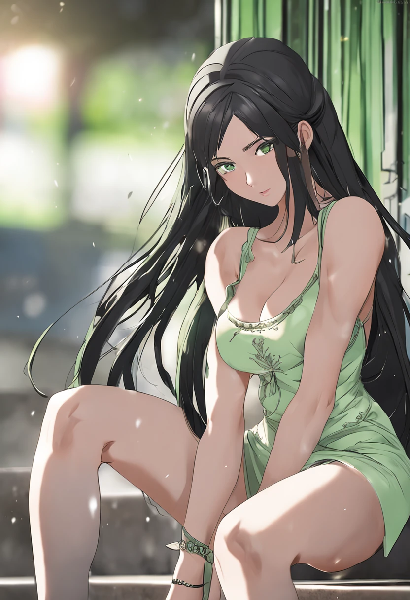 (Ultra Realistic), (High Resolution), (4K), (Very Detailed), (Beautiful and Detailed Eyes), (Best Quality), (Ultra Detailed), (Masterpiece), (Wallpaper), (Detailed Face), 1 girl, (13 years old), (Tifa Lockhart), black hair, very long hair, (slender body:1.3), ((light green summer dress:1.2)), (white panty:1.2), ((expose panty:1.4)), ((exposing crotch)), ((high-heel laced up sandals), (squatting), (spreading legs:1.3), (facing to camera), from below, looking at viewer, smile, ((crotch focus:1.4)), closeup,