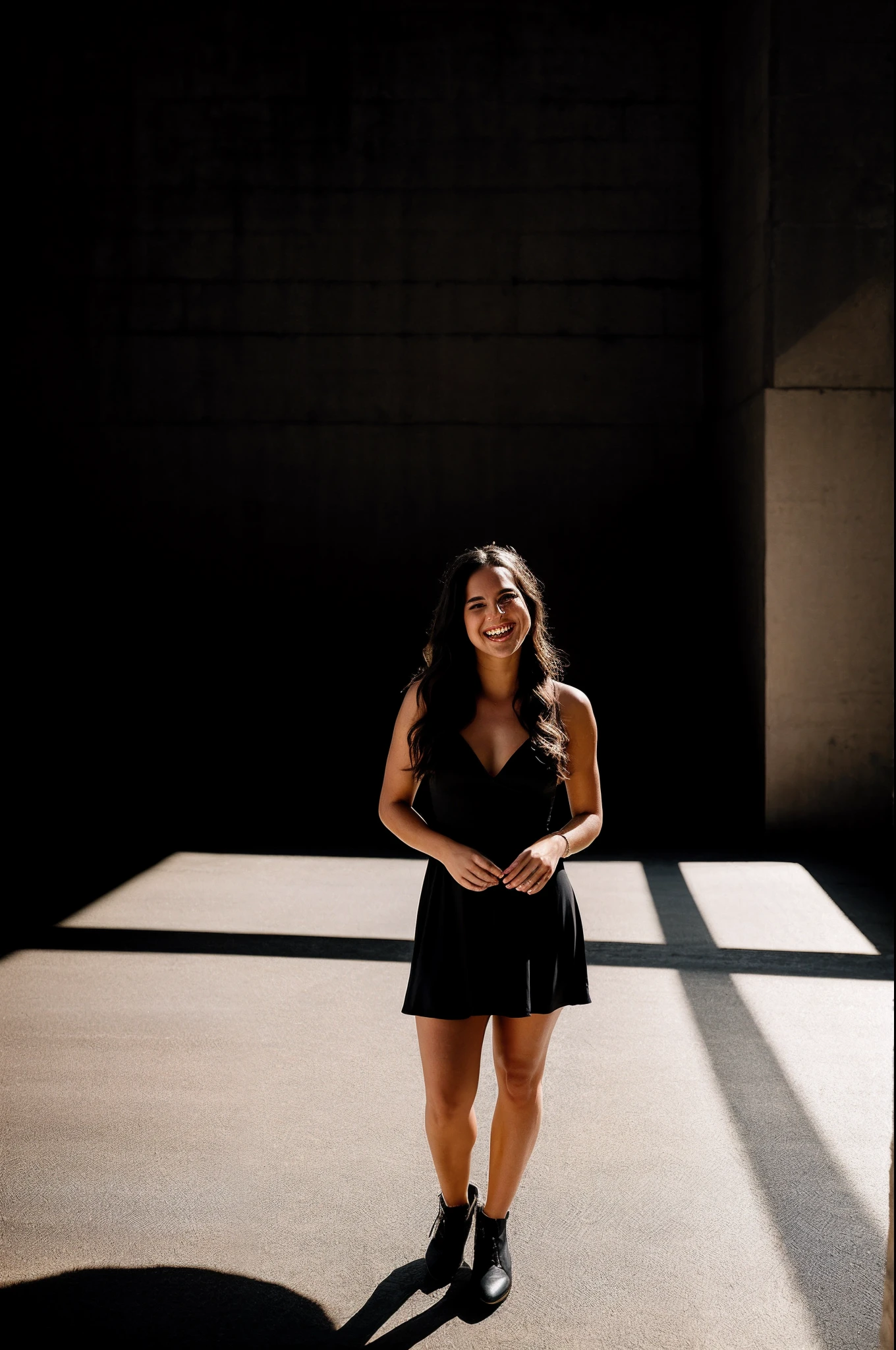 "RAW photo of a stunning 26-year-old woman with a cute face in a black dress, radiating happiness, emphasizing hard shadows, captured in a cinematic and dramatic lighting setup."