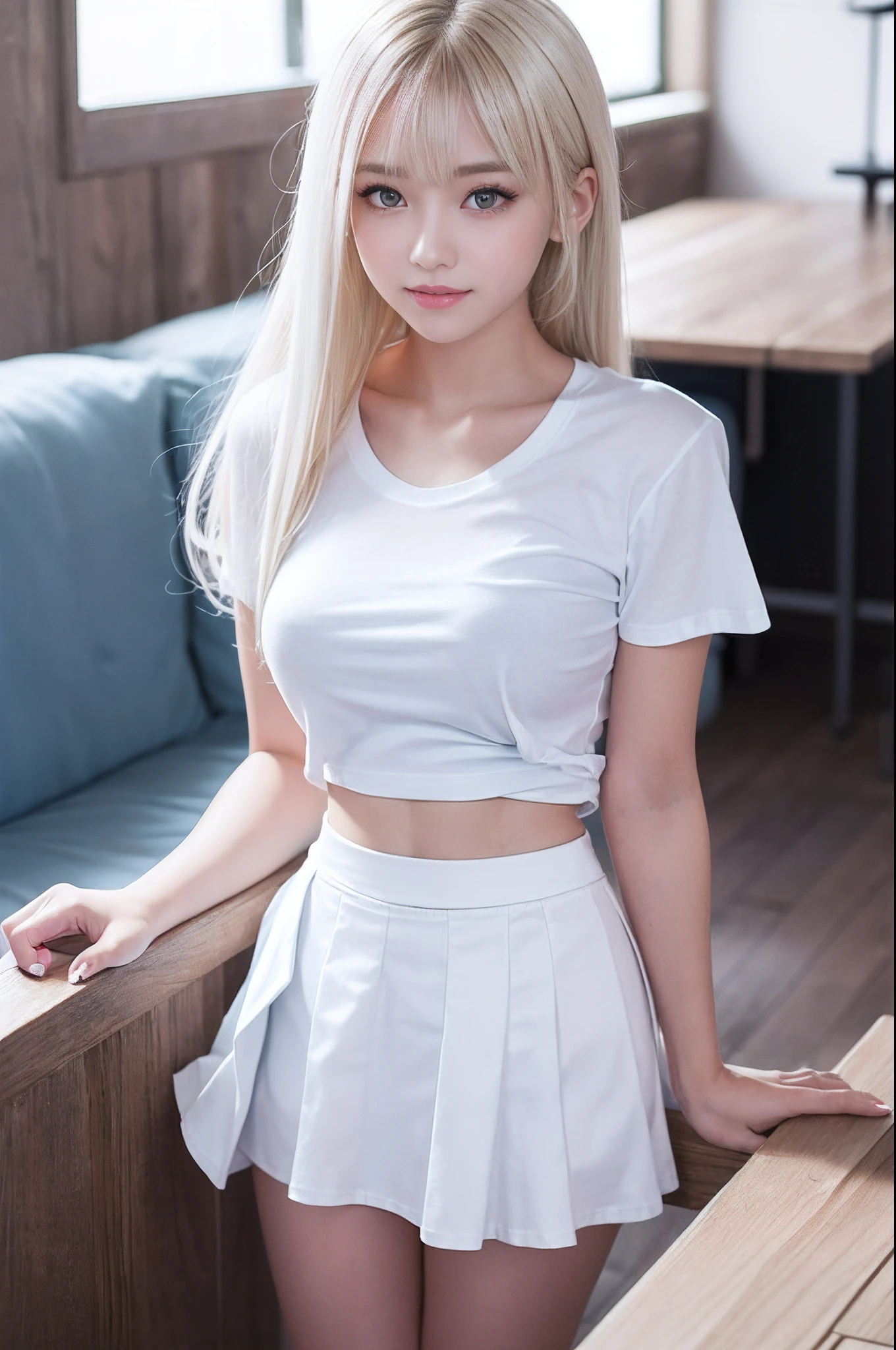 Blonde beauty, straight nose, perfect face line, big eyes, wide double eyelids, upturned corners of the mouth, ta face, big butt, smooth skin, sleeveless tank top, mini skirt, open legs, panty shots