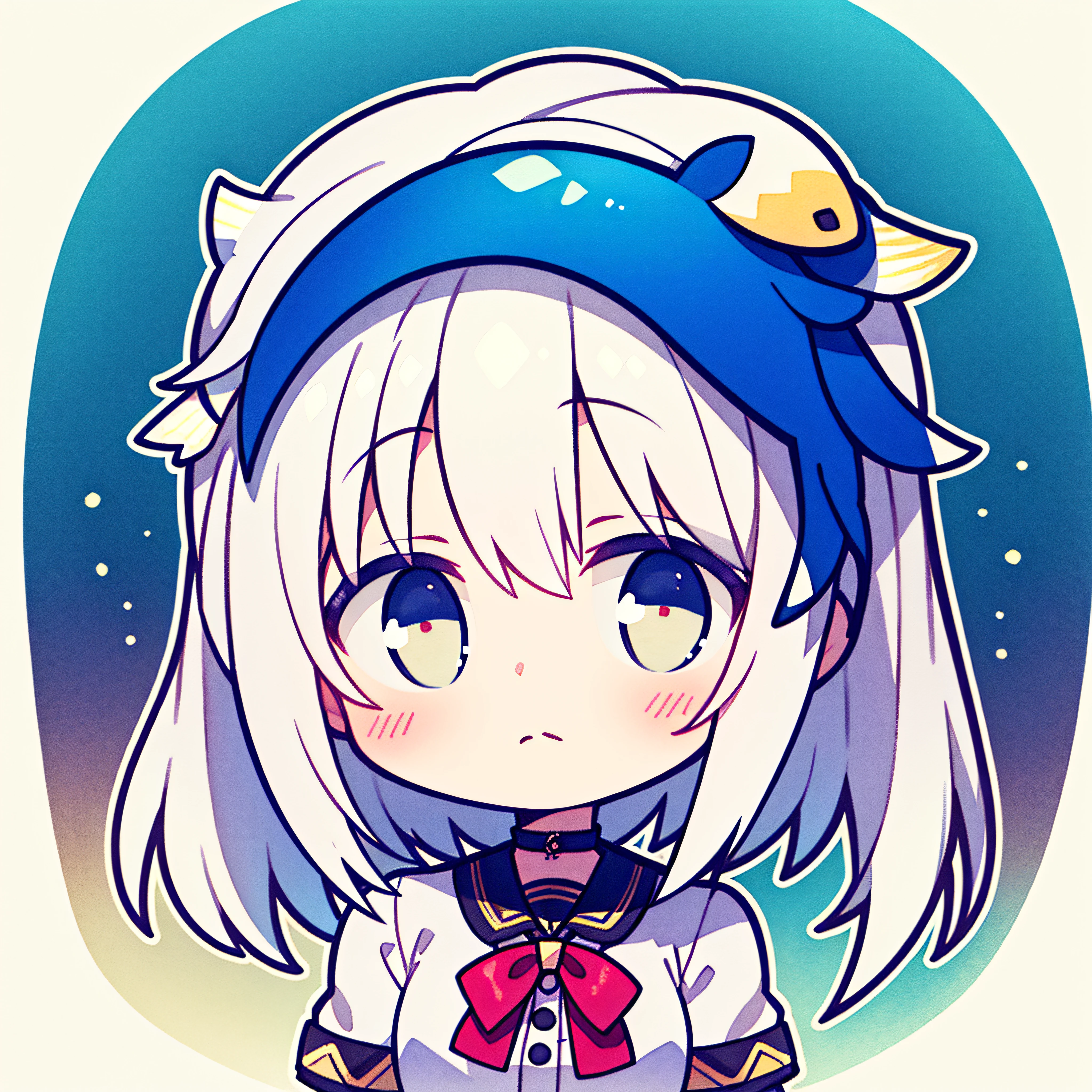 fish on the head, solo, 1 girl, looking at viewer, upright, concept art, white background, simple background, white hair, gradient hair, short sleeves, watercolor pencil, expressionless, blush, virtual youtuber