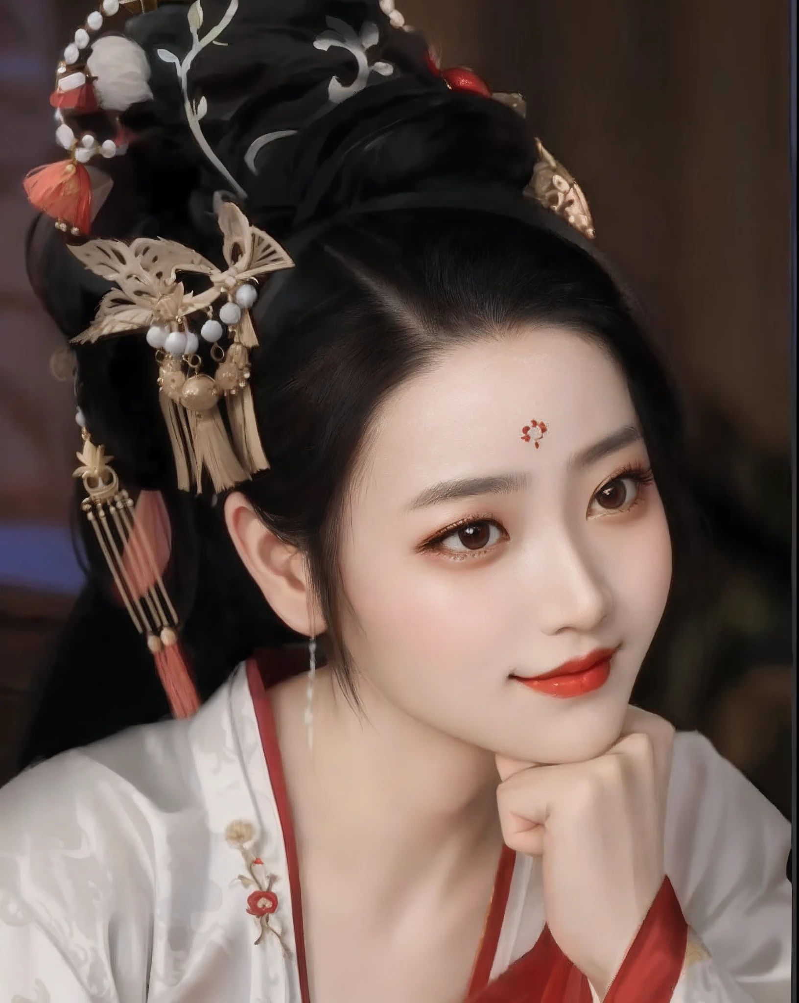 Close-up of a woman in a red and white dress and black hat, Palace ， A girl in Hanfu, Hanfu, Chinese traditional, Princesa chinesa antiga, Traditional beauty, Chinese style, White Hanfu, traditional female hairstyles, China Princess, Wearing ancient Chinese clothes, Xianxia, Inspired by Lan Ying, ancient chinese beauti, inspired by Gu An