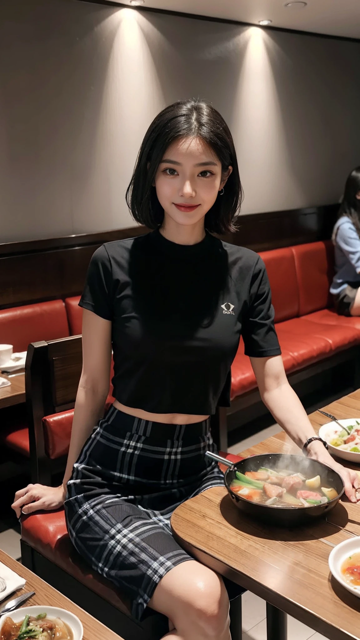 ((smallunderboob,Tomboyish,small heads)), (Well-defined abs: 1.1), (perfect bodies: 1.1), (short-length straighthair: 1.2), Black hair, upper body photos, attractive collarbone，（极其细致的CG 8k壁纸），（Extremely refined and beautiful），（Masterpiece），（best qualtiy：1.0），（超高分辨率：1.0），beautiful light up，Perfect lightning，realistic shaded，[A high resolution]，Smooth and flawless fair skin，ultra - detailed ，Elongated legs，flatchest，Slim，emaciated，Smile，cheerfulness，（Black short-sleeved T-shirt:1.1），（Blue checkered maxi skirt：1.1），White sandals，Summer，night，At the hot pot restaurant,A bustling restaurant，warm  lights，Sitting on a chair by the dining table，Close-up，Double-flavor hot pot，A plate of vegetables，Two plates of meat，A cup of  tea，saucer，bowl，chopsticks in the right hand，having dinner