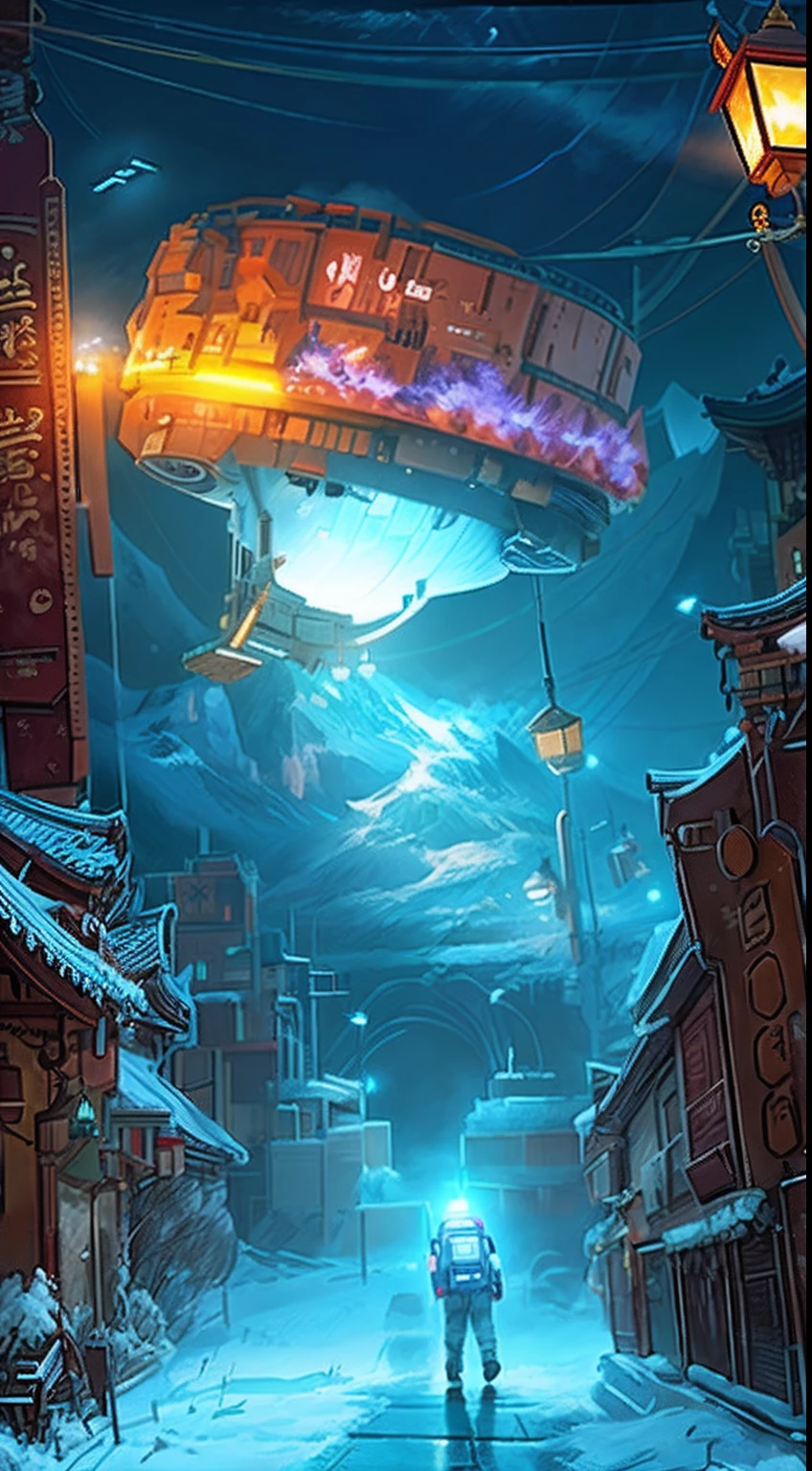 sci-fy,Moon,sense of science and technology,makina,conceptual drawing, cyber punk style,Concept art for the game, Lanterns,The sky is snowing,stray,The astronaut,pandas,Original Drawing,lamplight,Back shadow,snow mountains,Chinese architecture,High-precision illustration,SENSE OF CINEMA,the detail