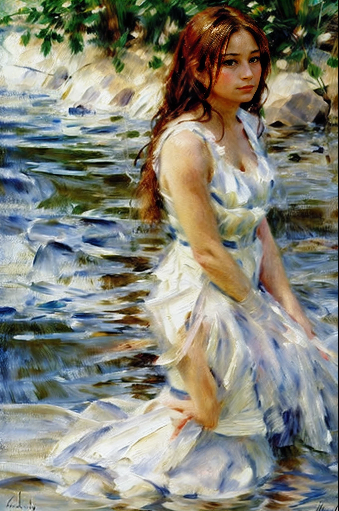 ((realistic:1,5)), ((best quality)), ((masterpiece)), ((detailed)), (a girl), (upper body: 1,3), super wide angle lens, face focus , bathing in the river, expressive eyes, long wet hair, (detailed face, beautiful eyes: 1. 3), Perfect composition, intricate focus, sharp, dramatic (specular lighting: 1.3), ((Photorealistic oil painting ; 1.5)),Renoir style.