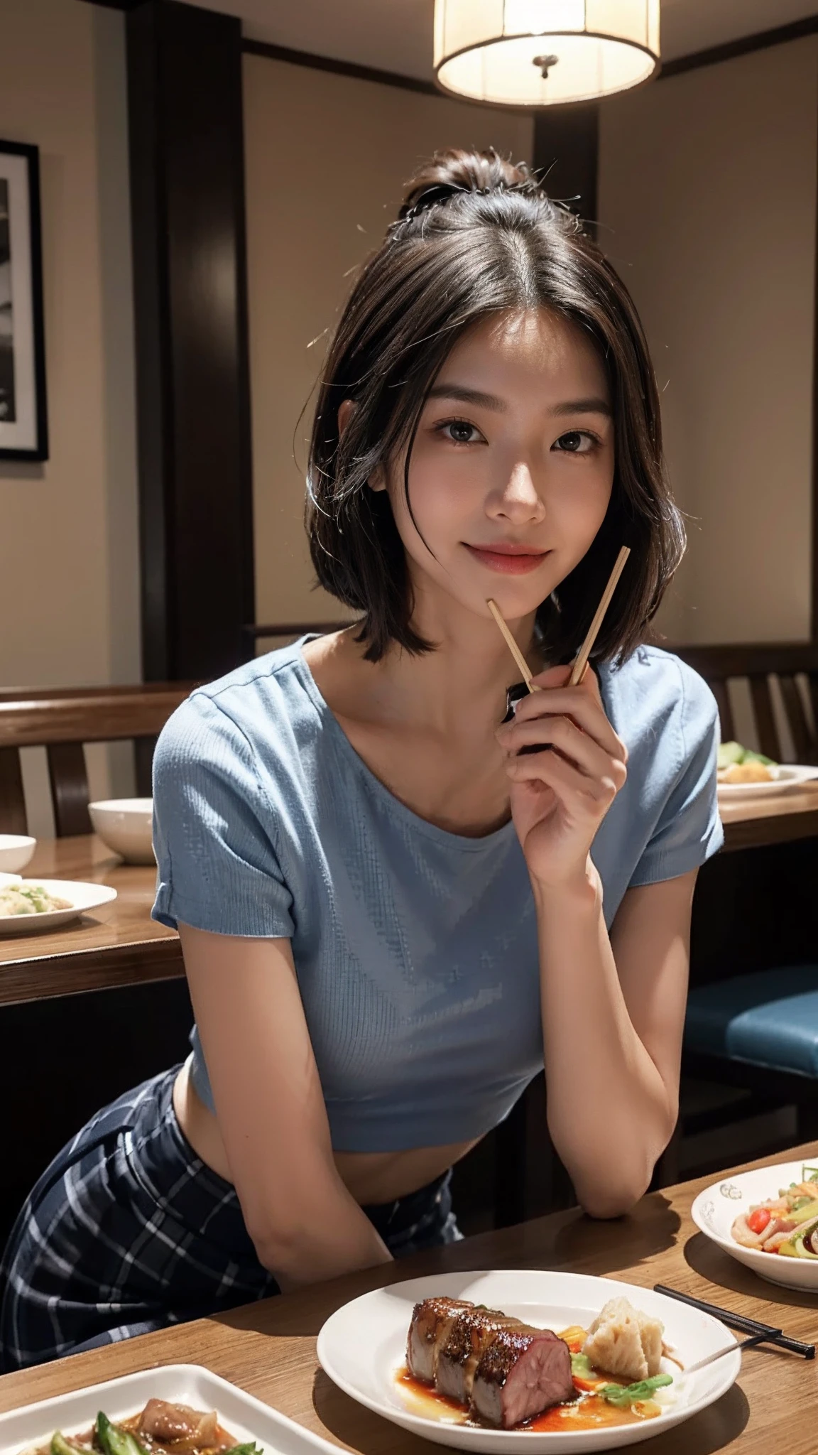 ((smallunderboob,Tomboyish,small heads)), (Well-defined abs: 1.1), (perfect bodies: 1.1), (short-length straighthair: 1.2), Black hair, upper body photos, attractive collarbone，（极其细致的CG 8k壁纸），（Extremely refined and beautiful），（Masterpiece），（best qualtiy：1.0），（超高分辨率：1.0），beautiful light up，Perfect lightning，realistic shaded，[A high resolution]，Smooth and flawless fair skin，ultra - detailed ，Elongated legs，flatchest，Slim，emaciated，Smile，cheerfulness，（Black short-sleeved T-shirt:1.1），（Blue checkered maxi skirt：1.1），White sandals，Summer，night，At the hot pot restaurant,A bustling restaurant，warm  lights，Sitting on a chair by the dining table，Close-up，Double-flavor hot pot，A plate of vegetables，Two plates of meat，A cup of  tea，saucer，bowl，chopsticks in the right hand，having dinner