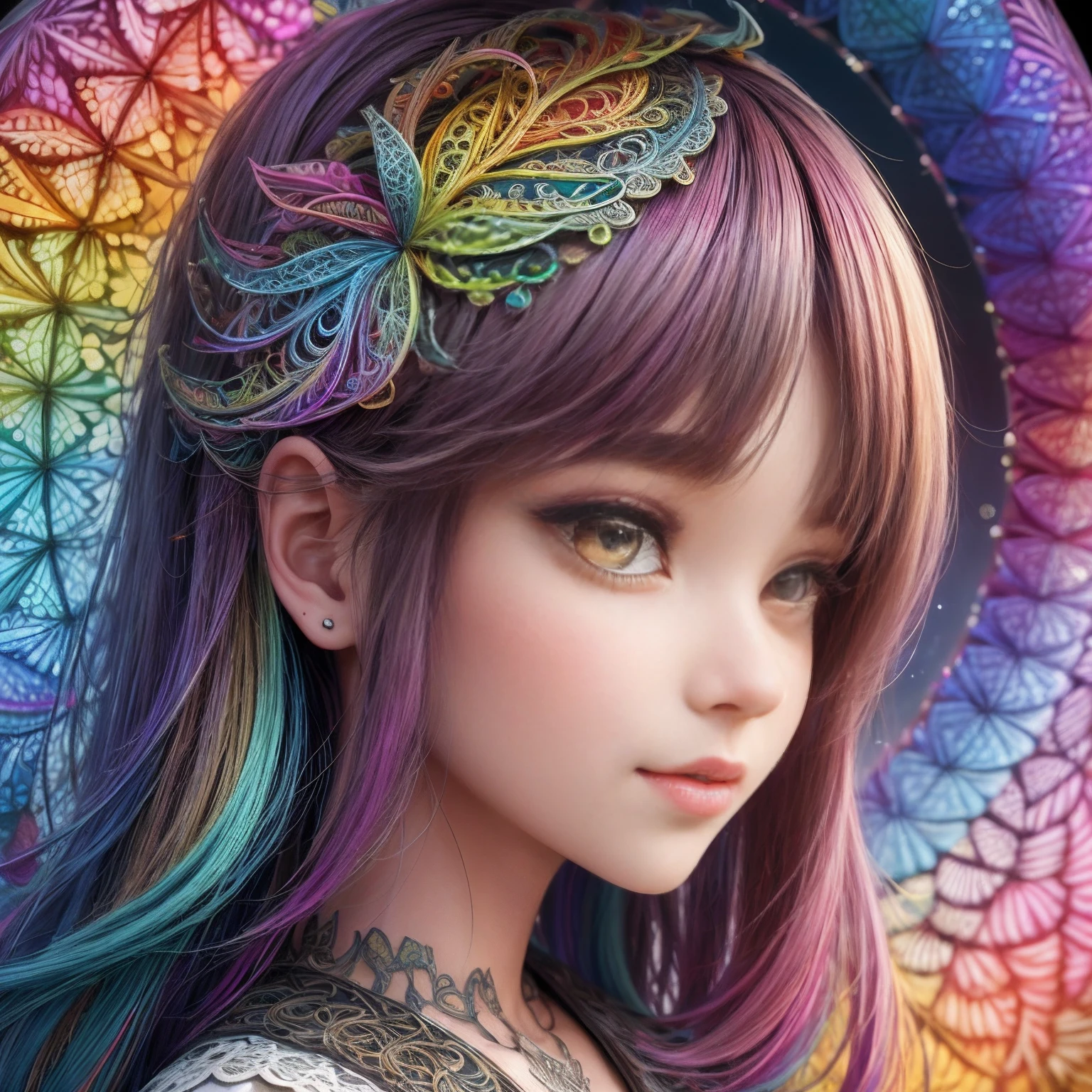 Rainbow Colors theme，paper art，masutepiece，3d rendered，ighly detailed, in autumn，1girll, closing eye，ssmile，cabelos preto e longos，lilies, (Zentangle:1.2), (Geometry:1.2)，cinematic lighting effect，4K, colourfull, profile