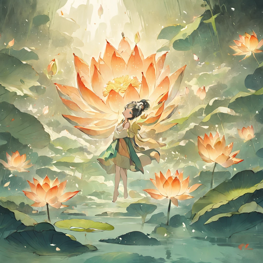 There is no pperson。, large lotus leaf, lotuses, Ink painting style, Clean colors, Ink style, polluted, decisive cutting, White space, impressionistic, Masterpiece, Super detailed, Epic composition, High quality, Highest quality, Lotus fairy, Ancient style, Dunhuang Flying Sky