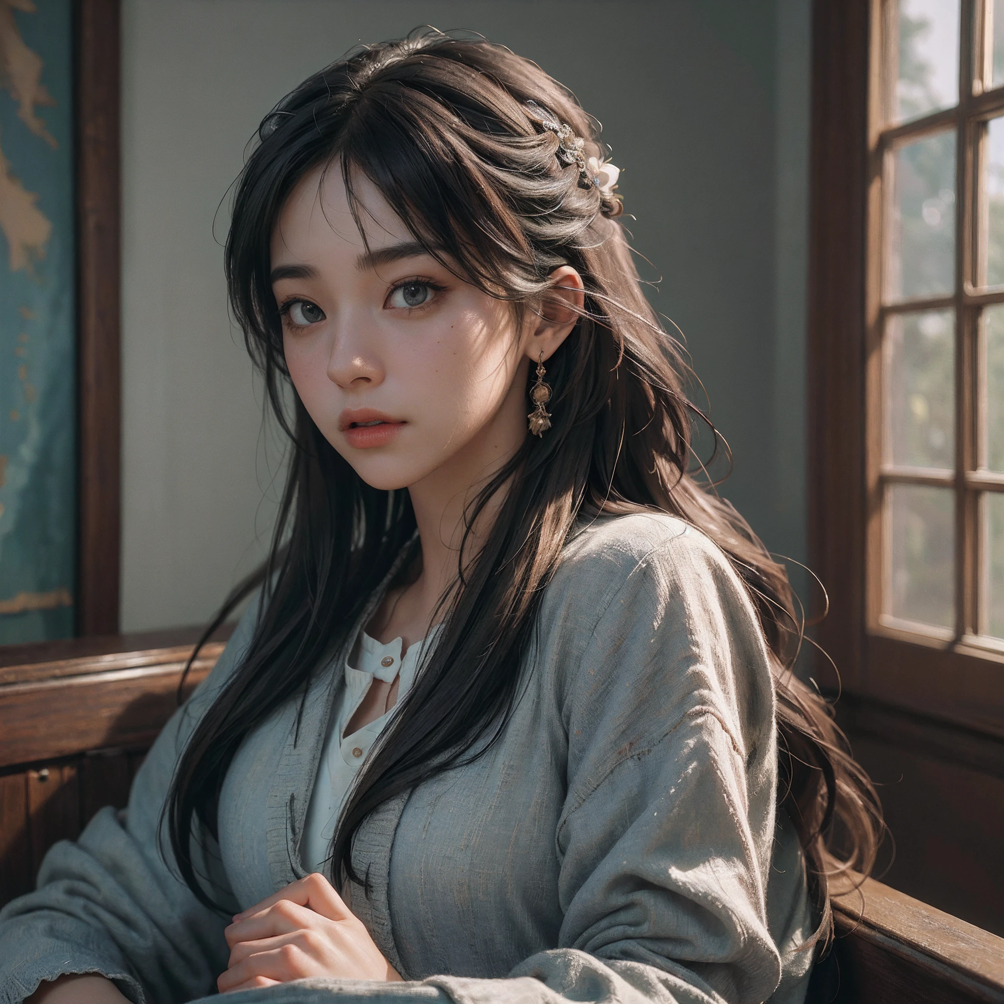 (RAW photo, best quality), (realistic, photo-realistic:1.3),best quality,highly detailed,masterpiece,ultra-detailed,illustration,1girl,upper_body,dynamic angle,world masterpiece theater,messy_long_hair,best quality,extremely detailed CG unity 8k wallpaper,ink,Amazing,cinematic lighting,lens_flare, dunhuang_style