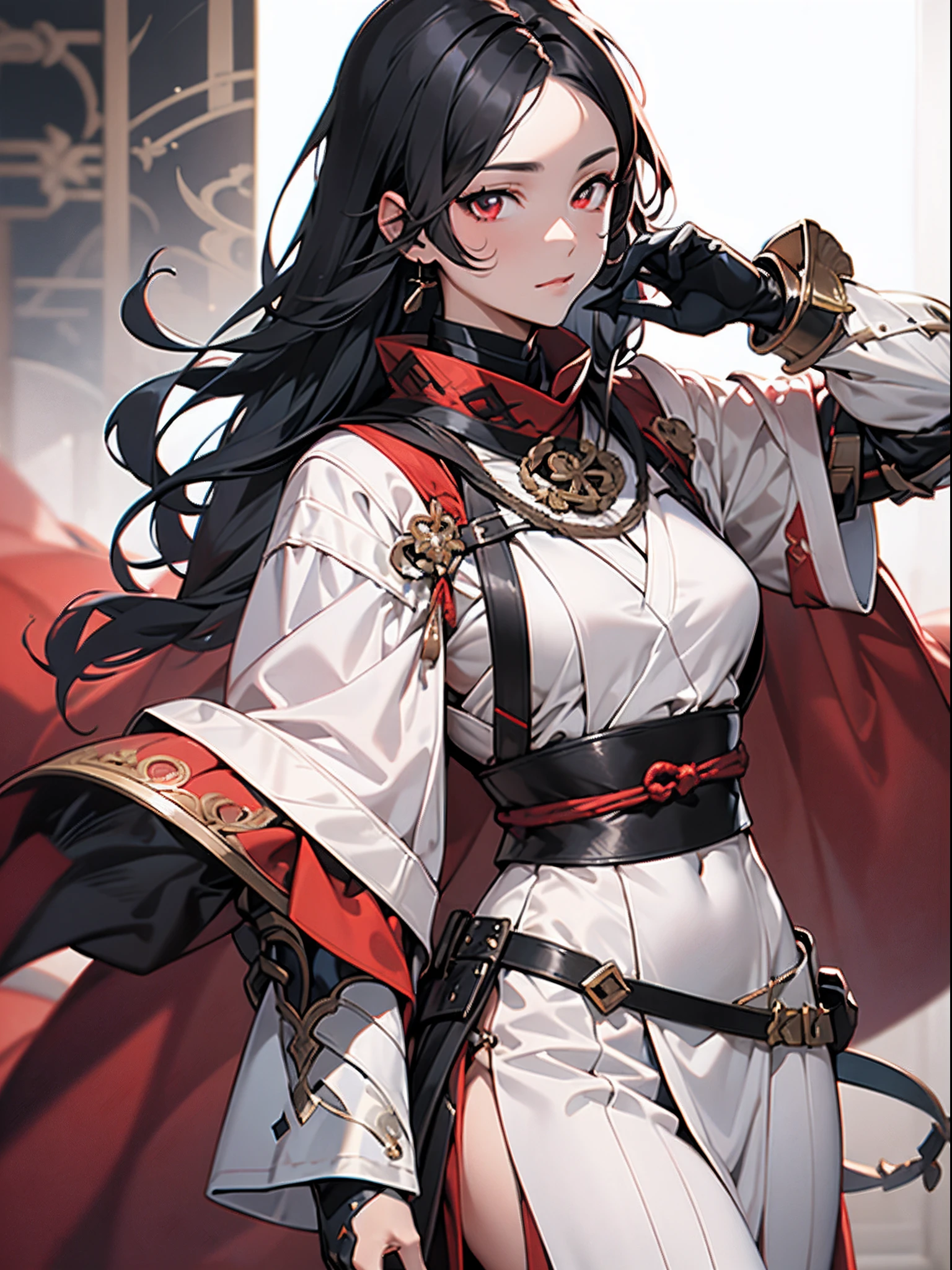 1girl in,onmyouji,suikan,armor,red cloak with white decoration,black long hair,red eyes,Black gauntlet and gloves,nice hand, Perfect hands