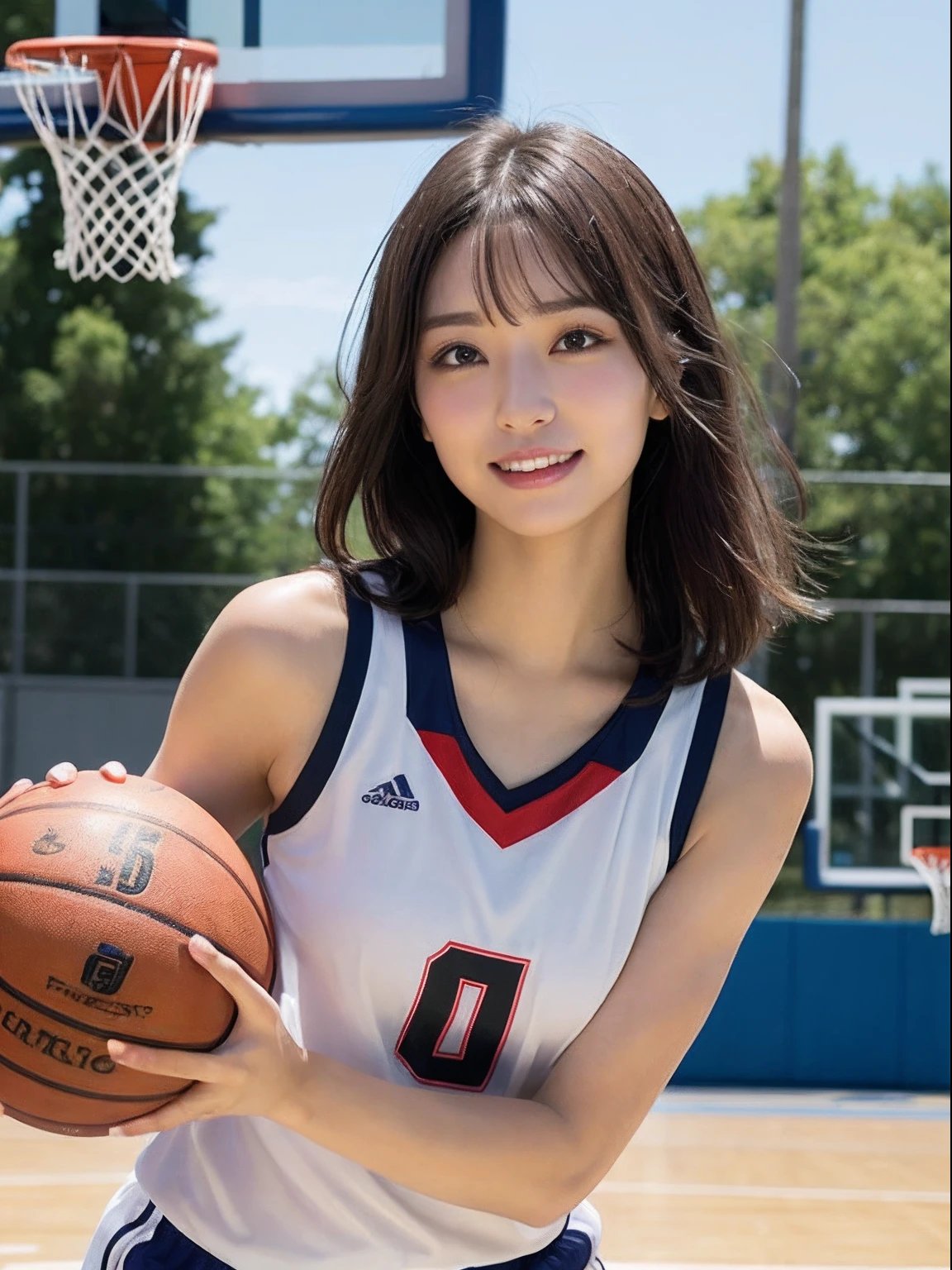 masutepiece, Best Quality, Photorealsitic, finely detail, hight resolution, 8K Wallpapers, Perfect dynamic composition, FULL BODYSHOT、Beautiful detailed eyes, Medium short wavy hair, large full breasts, (Basketball Athlete 1.3)、Breast bulge、A smile、basketball court、25-years old、(Drooping eyes 1.3)、Adult beauty、natural make up、japanes、Black eyes