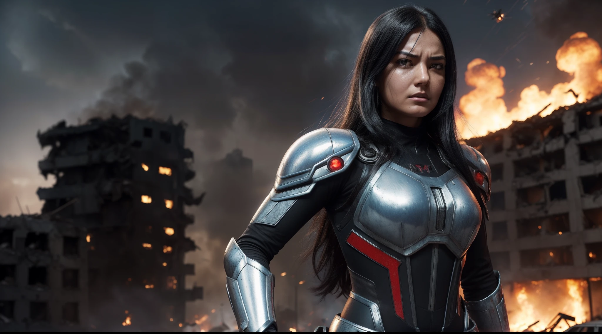 (maximum quality) girl, angry expression, (long black hair), fighting giant spiders in a destroyed city, (born fighter), (metallic spiders jumping hero), metallic tech suit with blue and gray details, (shoulder pad large and detailed) (red round symbol on chest), burning cars in decaying streets, burning buildings, crumbling buildings, shrapnel everywhere, helicopters in the skies