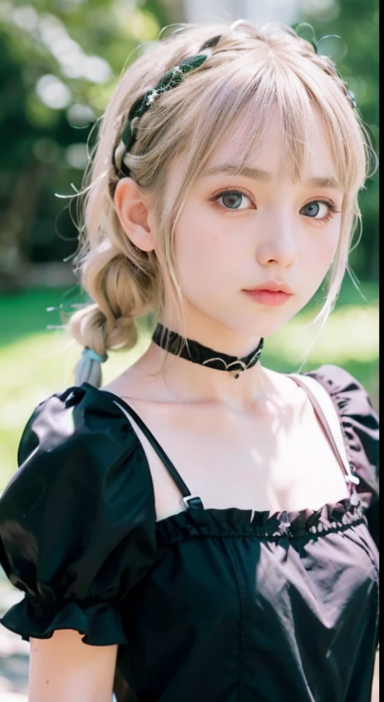 (ultra-detailliert), Cute princess dresses in black color,(frilly dress),(shortsleeves),Blue eyes,The upper part of the body、a closeup、faces、(A smile:1.1),(facing front:1.2), 20yr old, s girl,no tail,(no tail),2D, masterpiece, top-quality, animesque, A detailed eye, A detailed face, girl with, Only 1 person,Silver-haired medium hair, (a blond), Ear Hair, small tits, Single braid, (Single braid), (Side braid), Pink ribbon, Ribbon around the neck, (White sleeves), Background bokeh