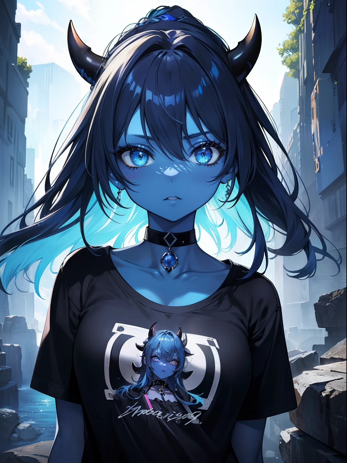 (Masterpiece, Best quality, ultra high resolution),1girl,oni girl,(colored skin,blue skin,blue skin tone),black t-shirt, choker,rock punk fashion, beautiful and detailed face, detailed eyes,