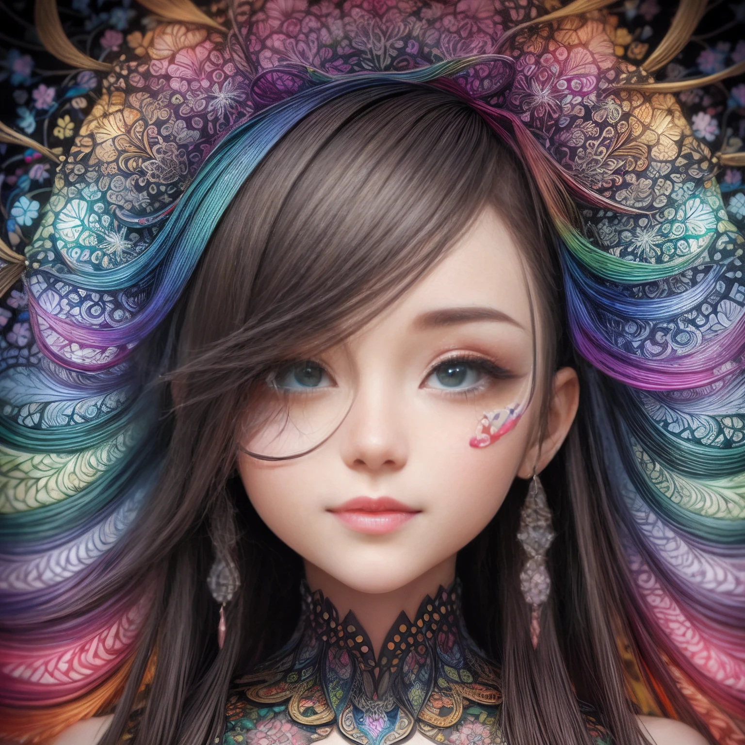 Rainbow Colors theme，paper art，masutepiece，3d rendered，ighly detailed, in autumn，1girll, closing eye，ssmile，cabelos preto e longos，lilies, (Zentangle:1.2), (Geometry:1.2)，cinematic lighting effect，4K, colourfull, profile